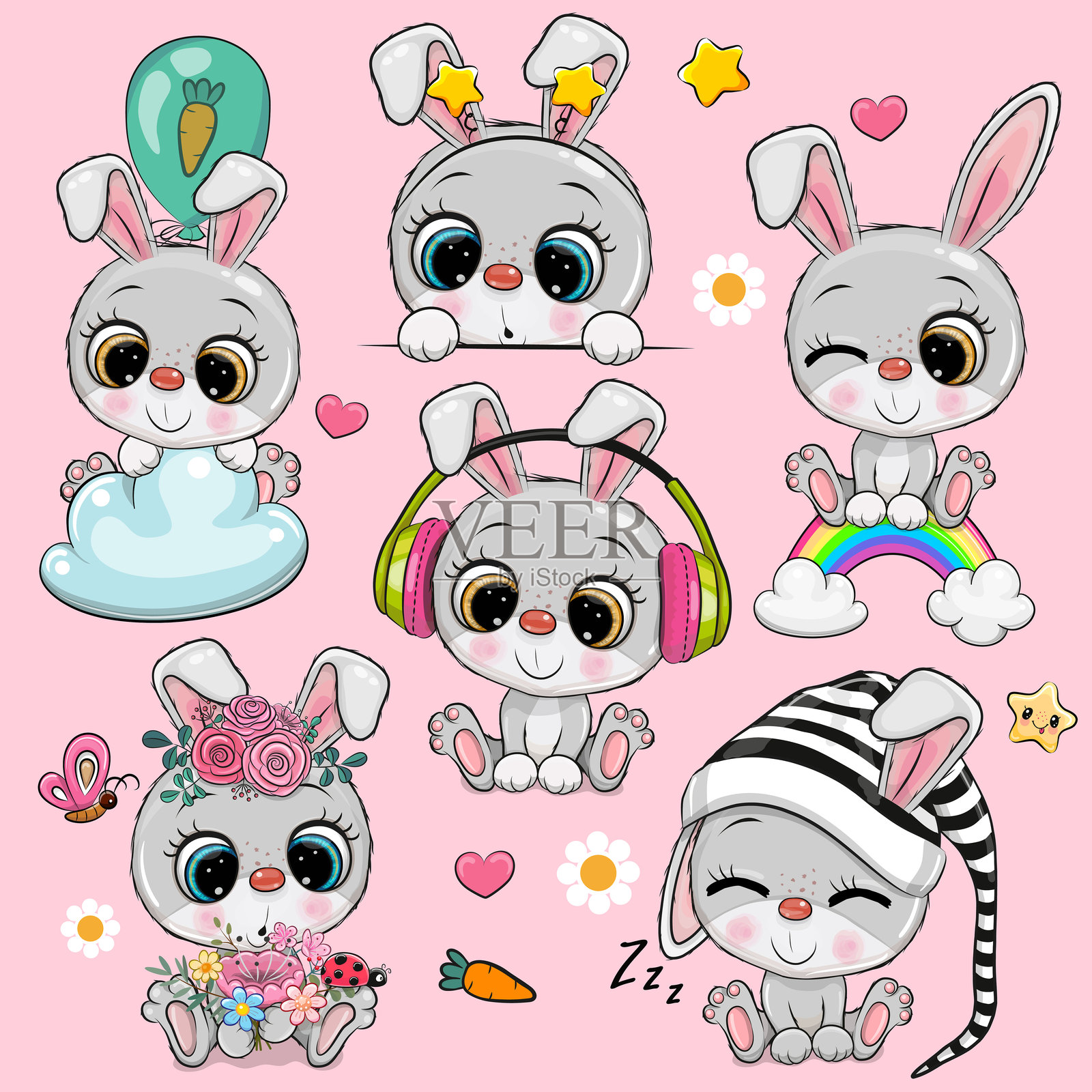 可爱的卡通兔子在粉色背景上独立展示插画图片素材