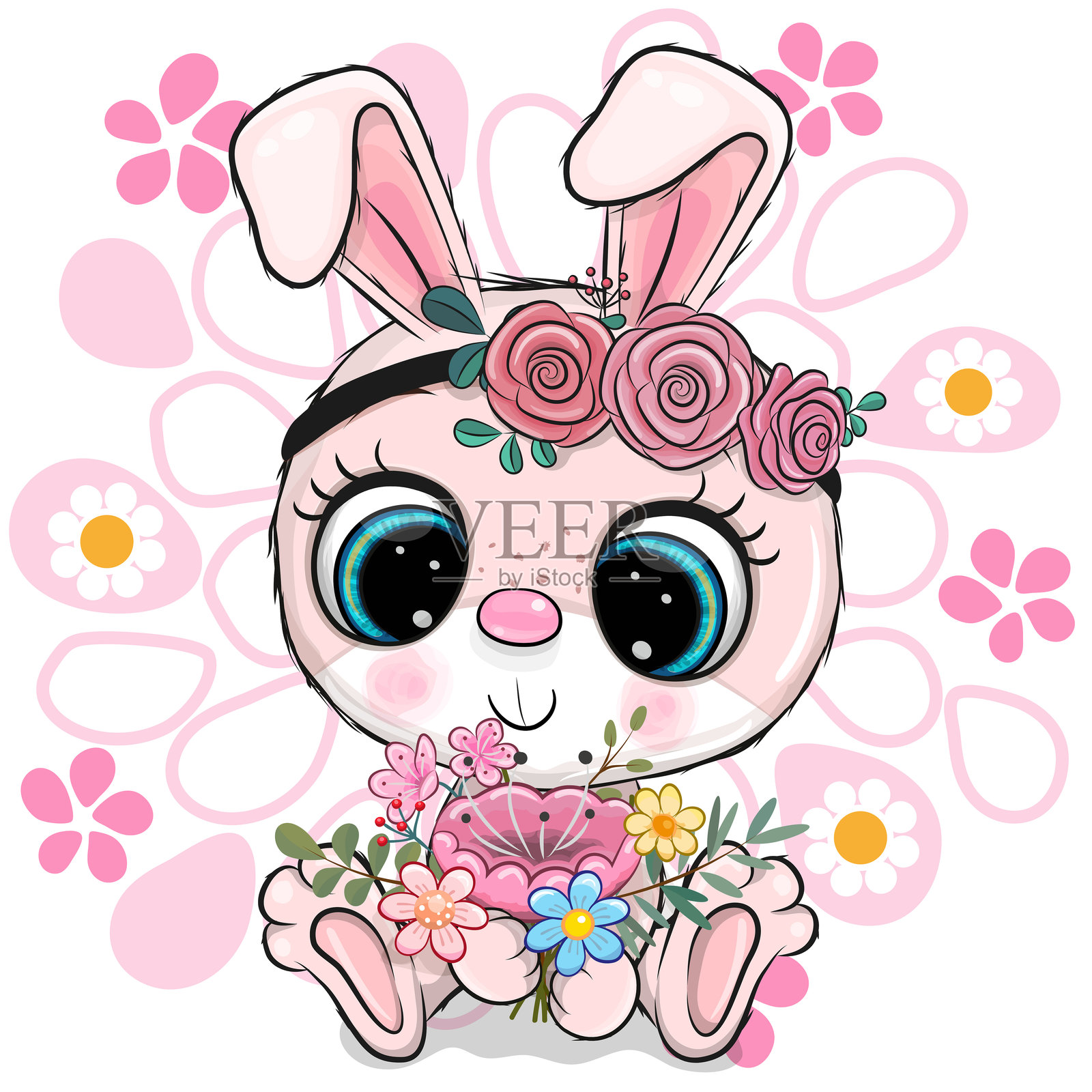 可爱的卡通兔子与花朵在花卉背景上插画图片素材