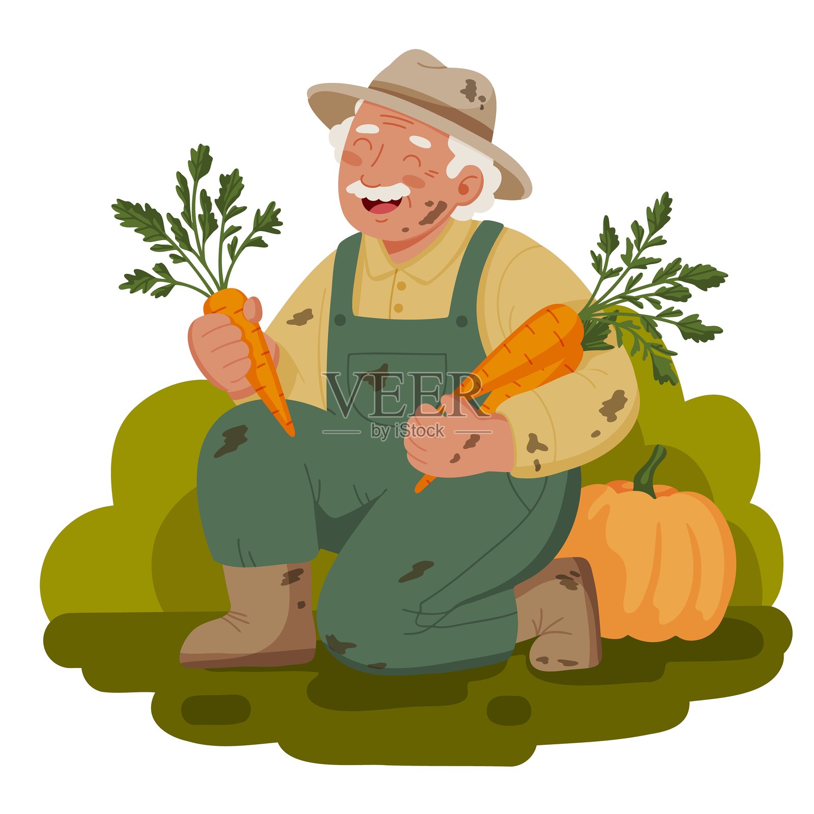 快乐的老农民手持新鲜胡萝卜的概念插图插画图片素材
