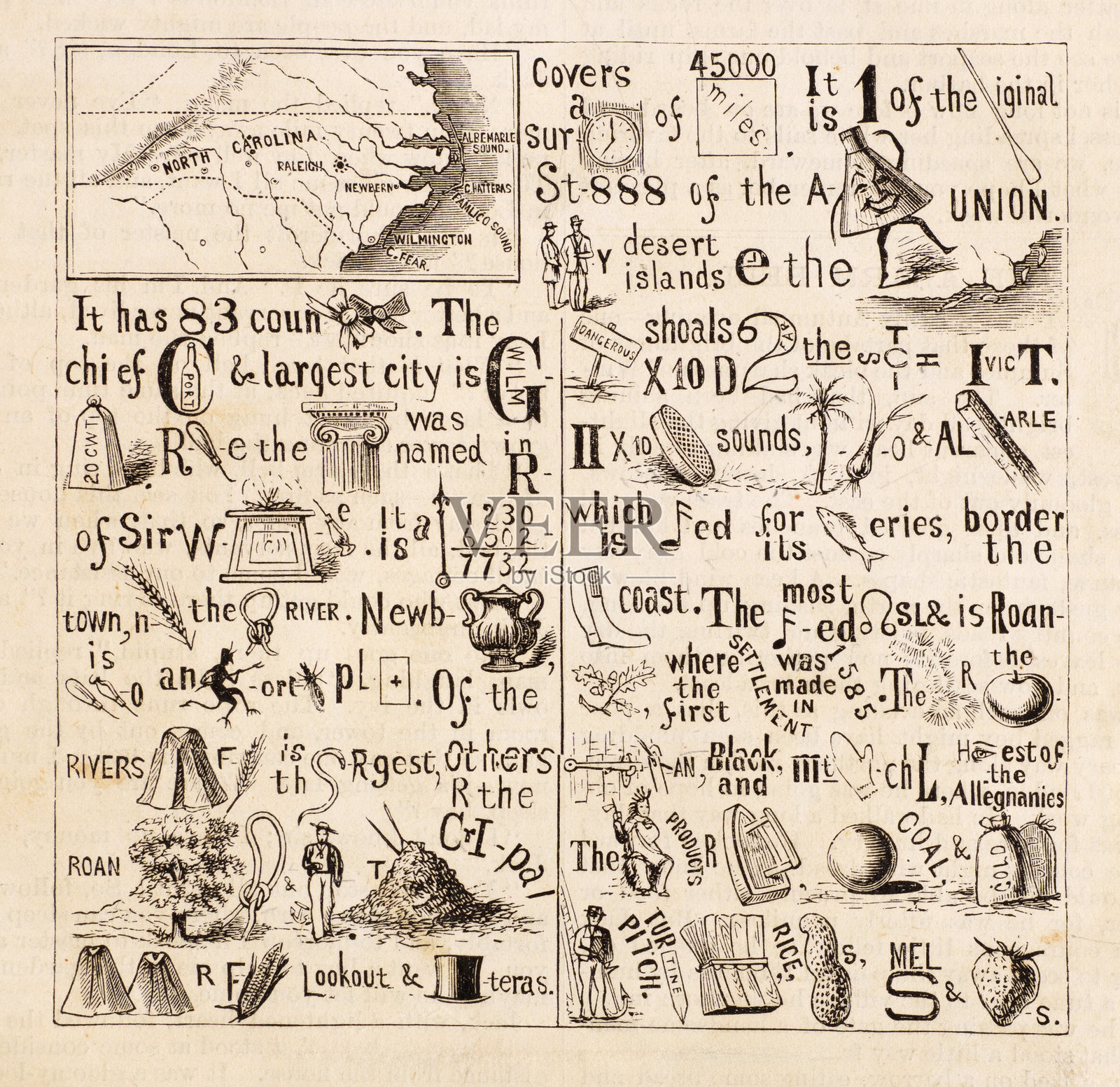 北卡罗来纳州的谜语拼图地图,包含地理和历史符号,19世纪复古插图 - 矢量插图插画图片素材