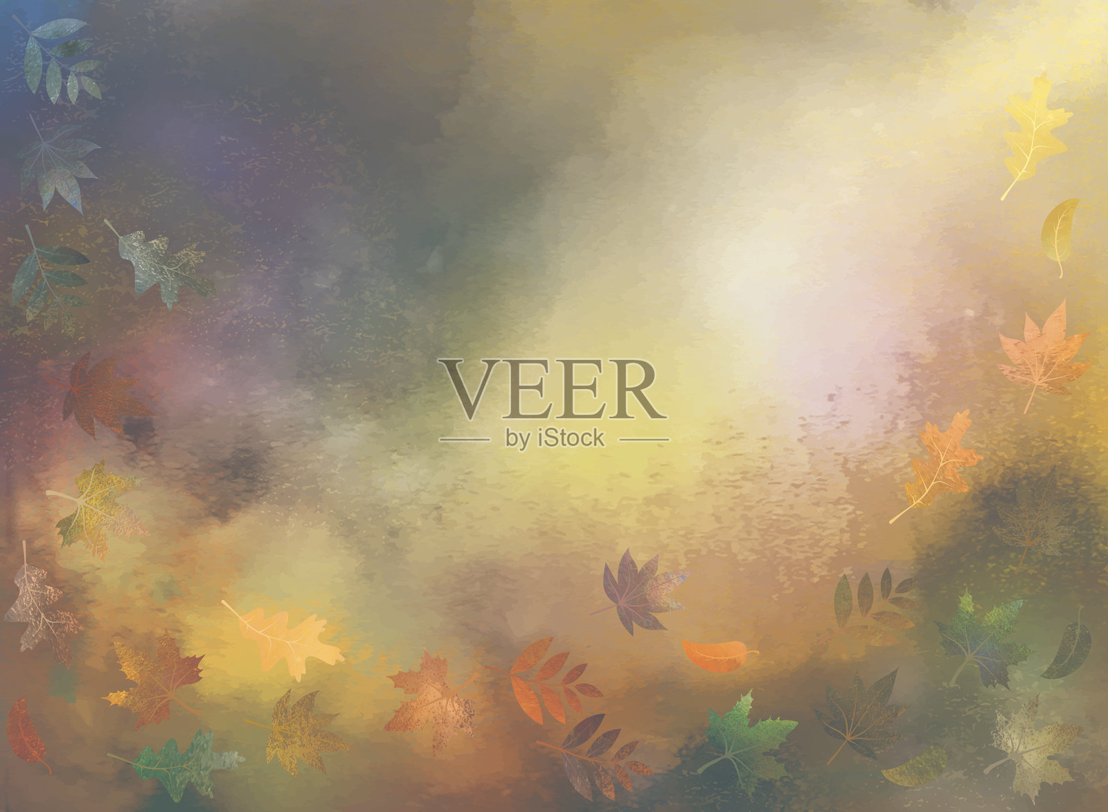 水彩秋季背景与飘落的树叶。插画图片素材