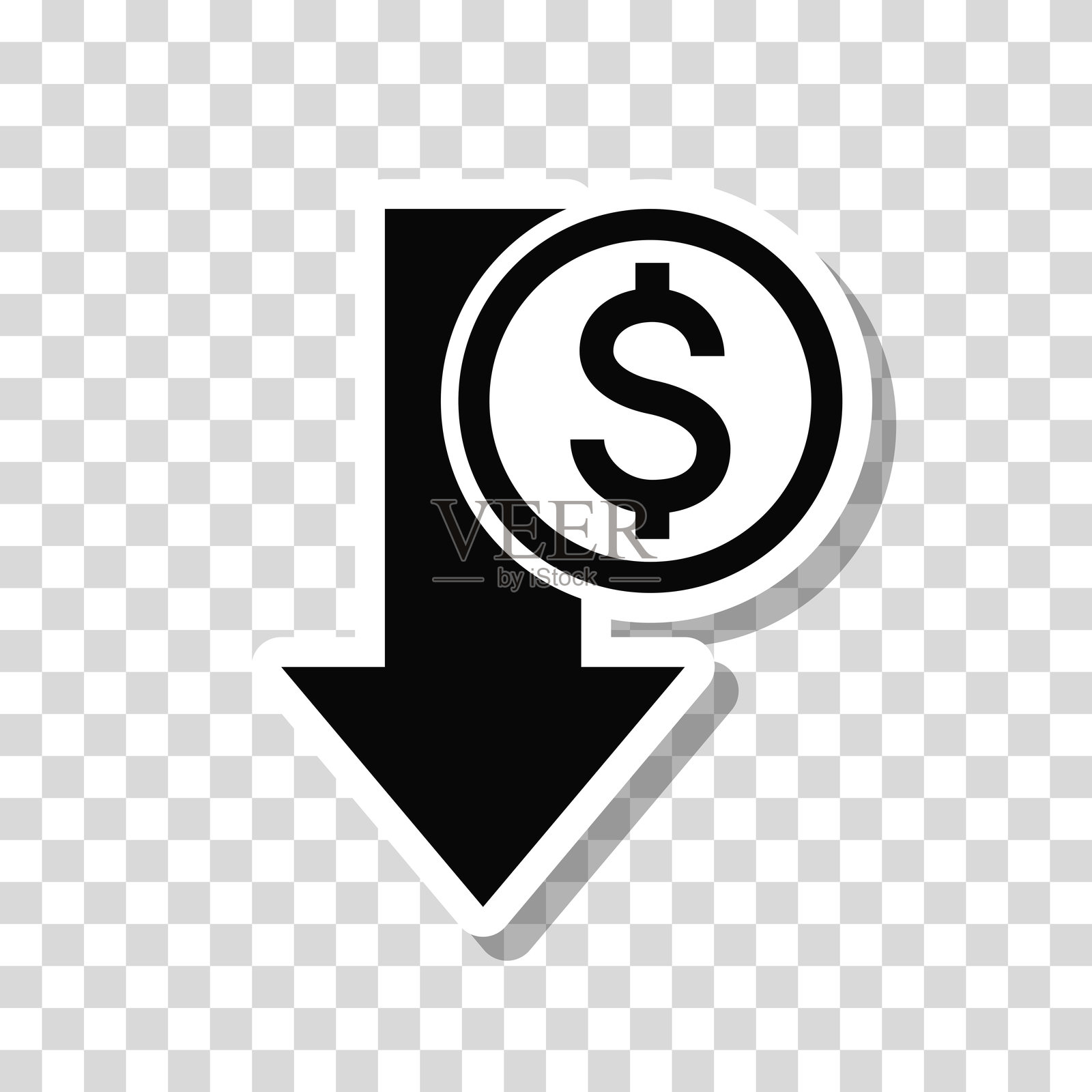 美元下降。空白背景上的图标贴纸插画图片素材