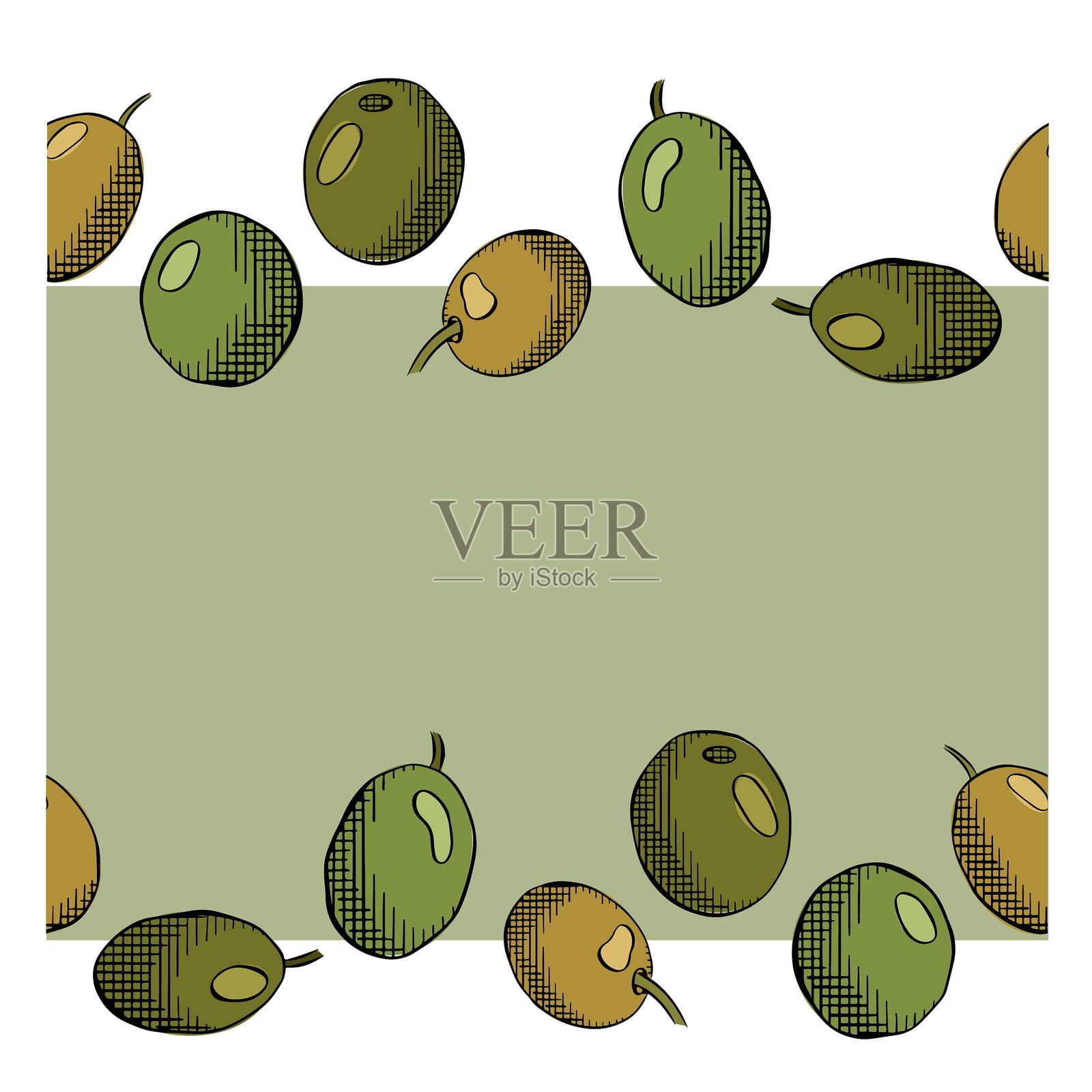 橄榄果无缝边框横向框架模板。矢量图形线条彩色插图。意大利美食。地中海饮食的橄榄花环。用于邀请函、标签、广告。插画图片素材