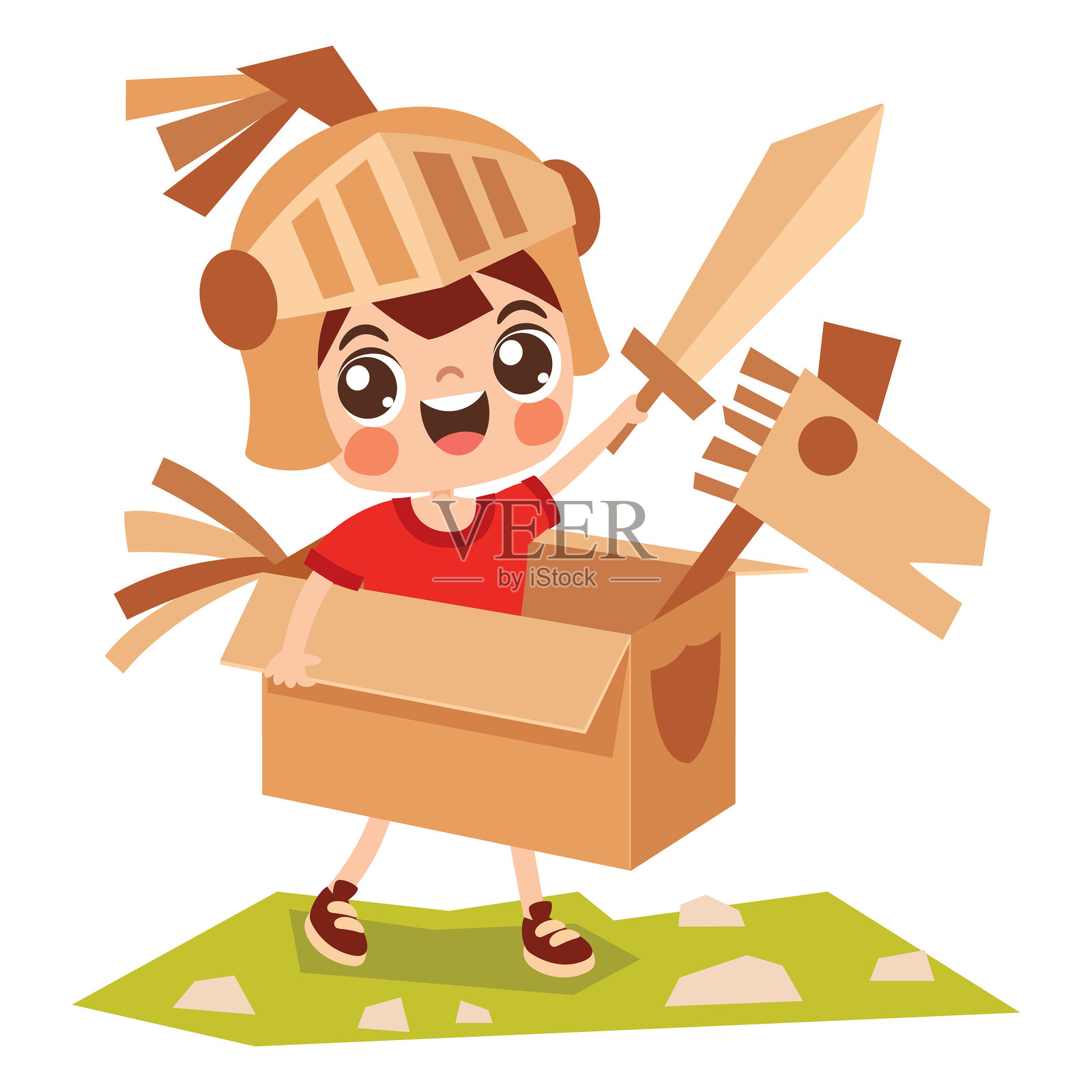 穿着纸板服装的卡通小孩插画图片素材