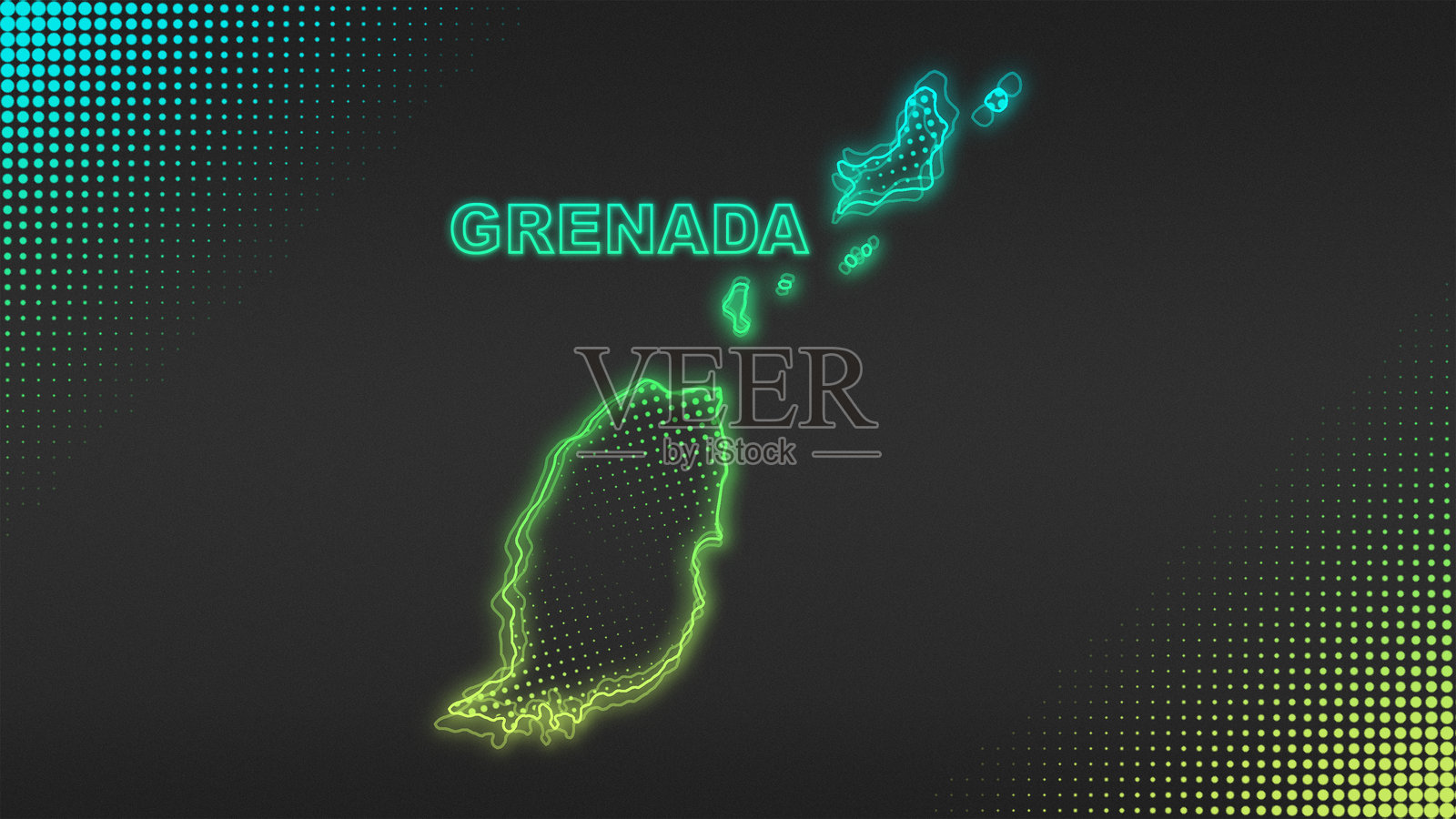 霓虹蓝黄格林纳达地图轮廓未来感光晕半色调插图插画图片素材