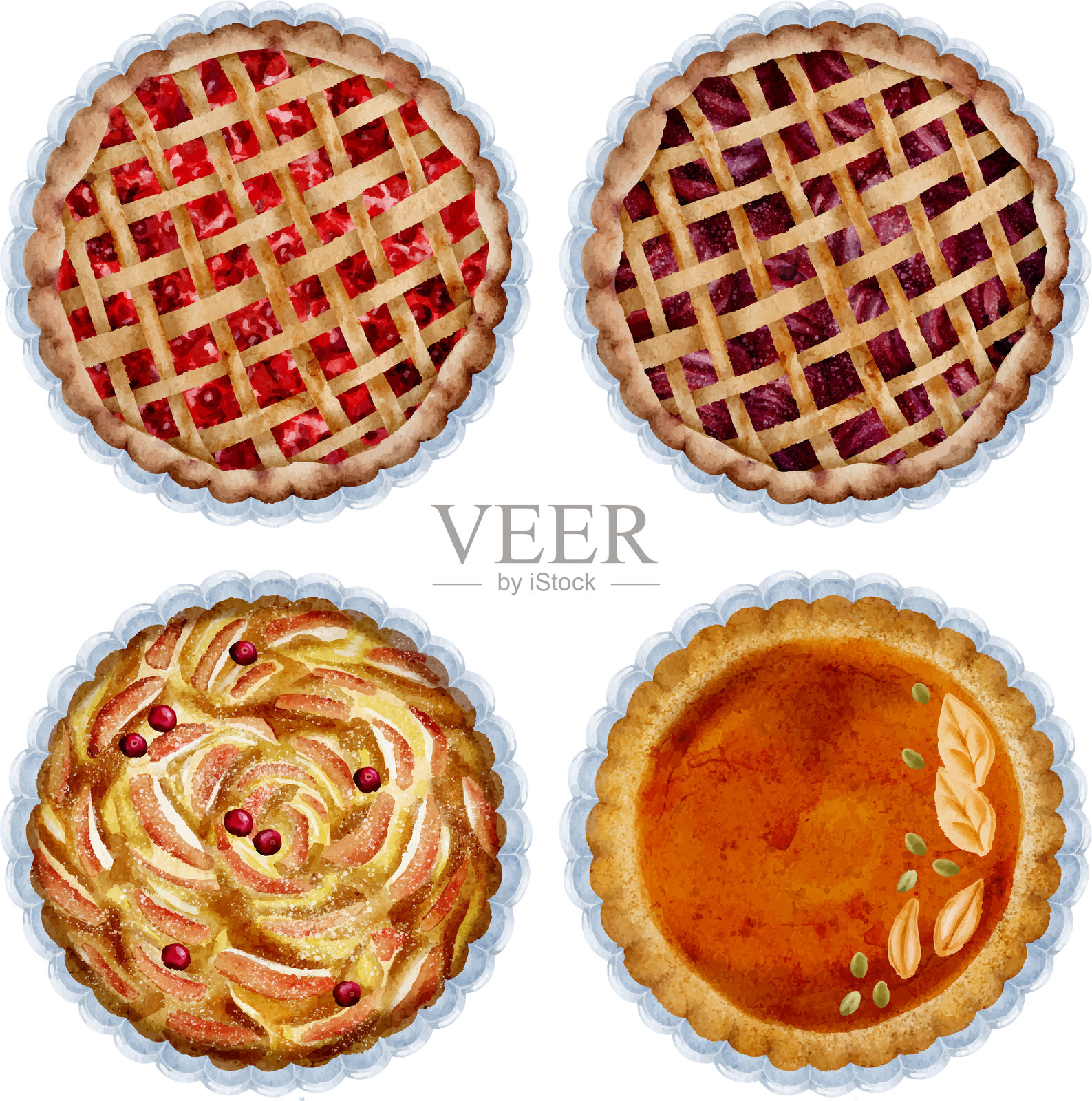 一组甜美的派,俯视图,水彩插图。插画图片素材