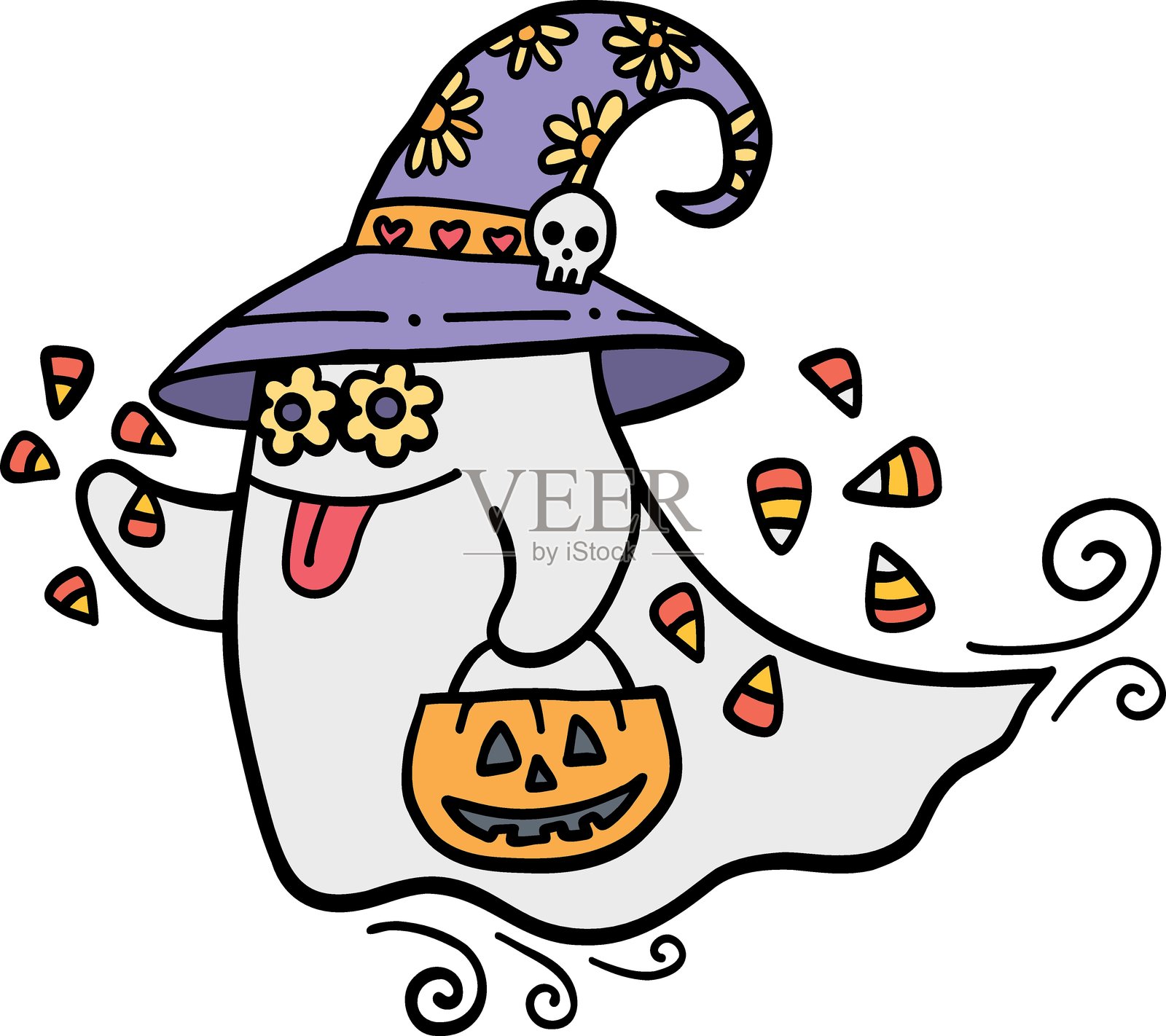 万圣节可爱的鬼魂戴着帽子,手里拿着糖果桶,涂鸦彩色线条风格插画图片素材