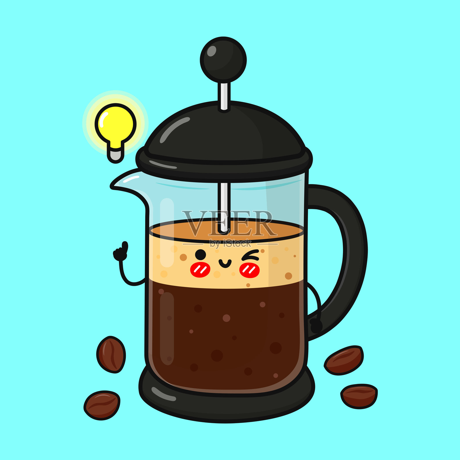 法式压滤咖啡壶卡通角色灵光一现插画图片素材