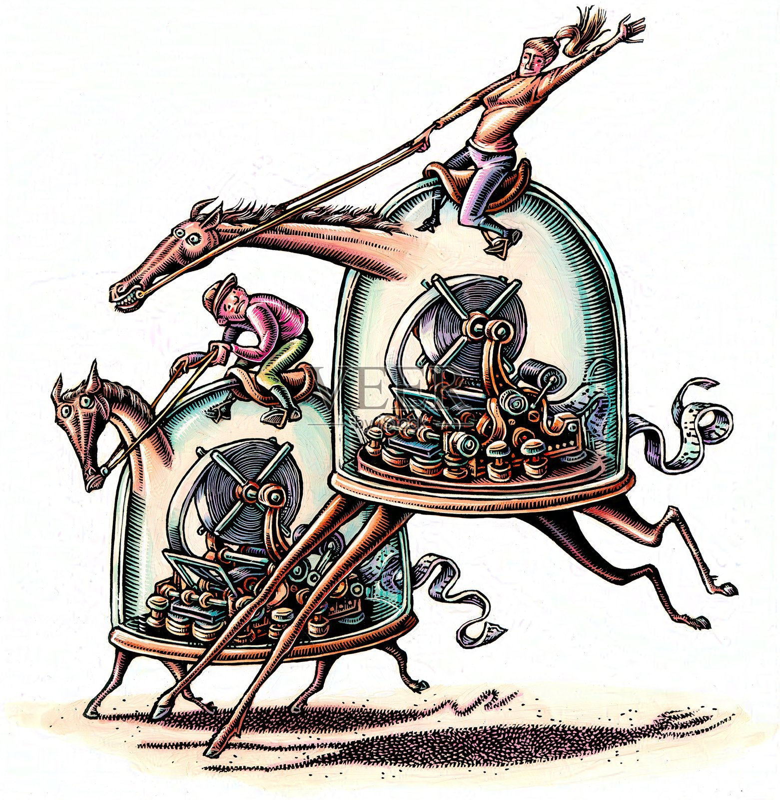 投资者骑在股票行情机马匹上,其中一匹股票行情机的腿更长,将会领先。插画图片素材