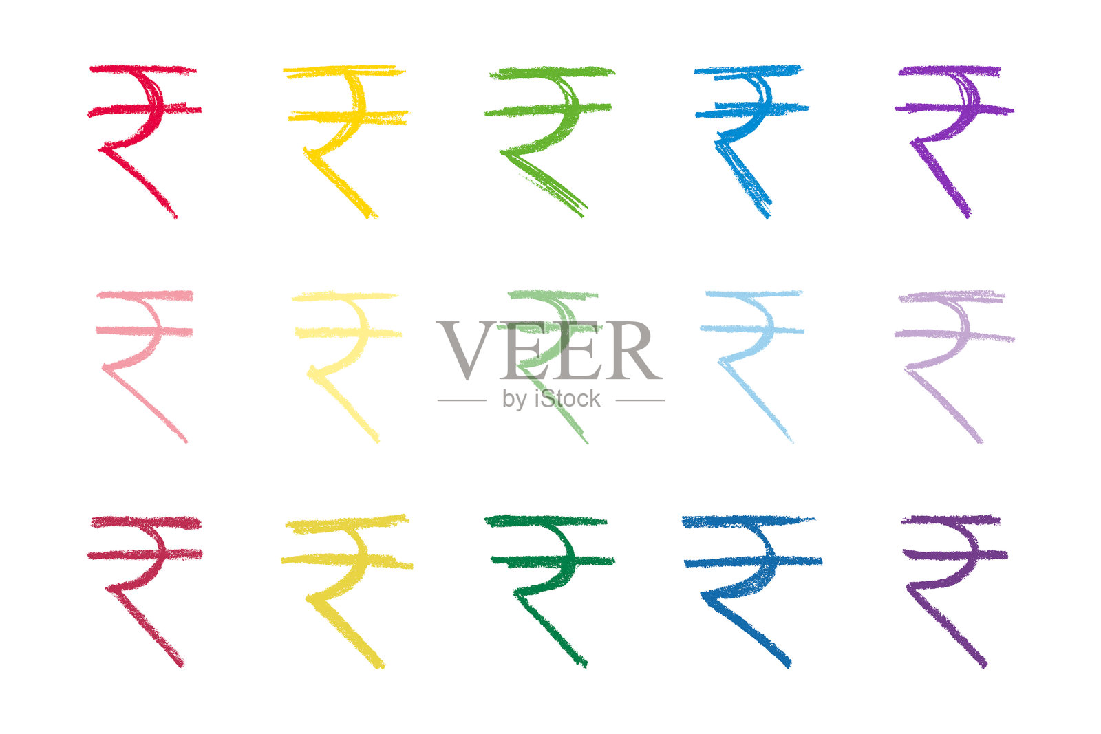 手绘印度卢比货币符号的集合。刷笔画涂鸦。设计的单一元素。插画图片素材