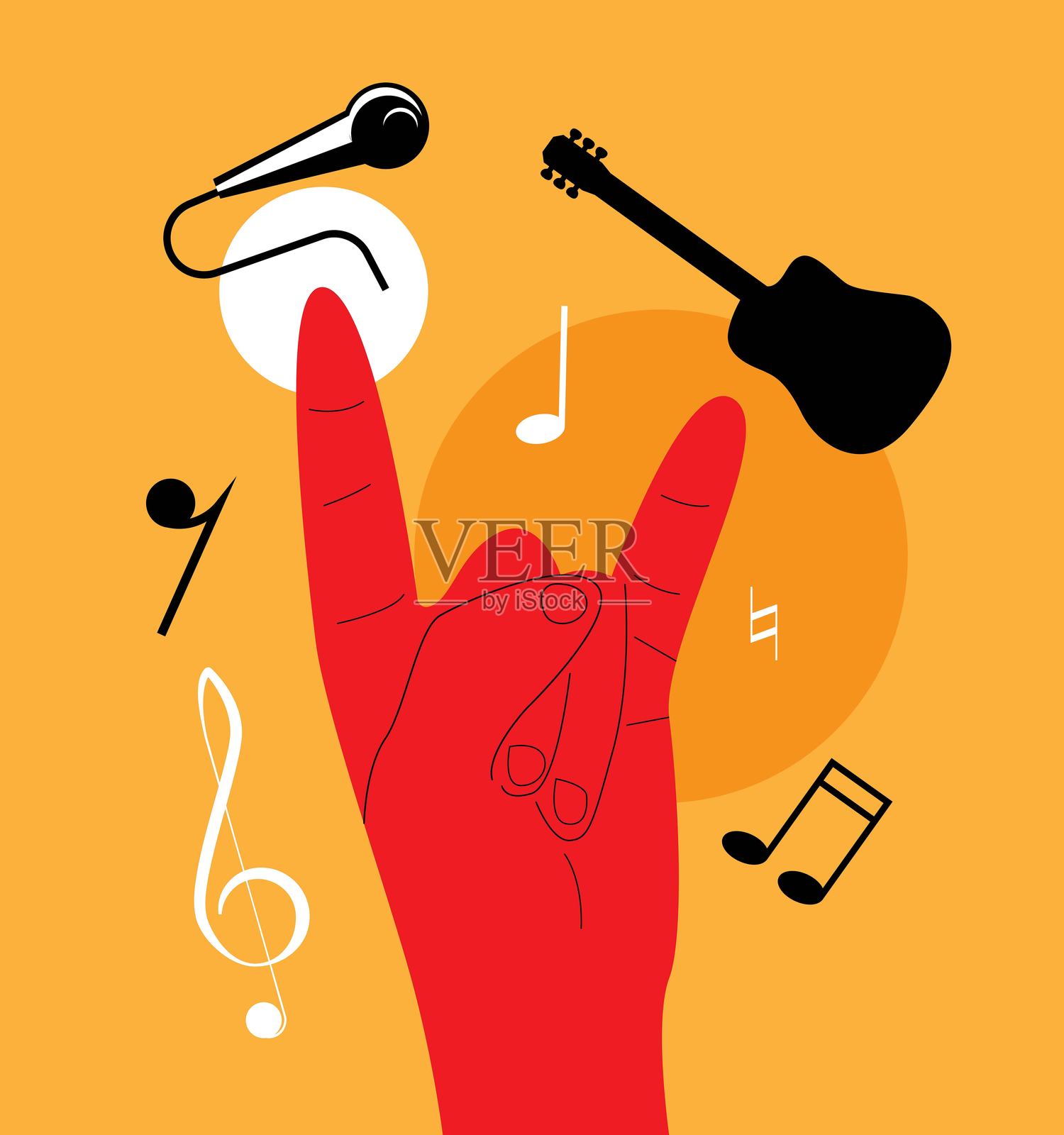 手势表示摇滚的角,旁边有乐谱和乐器插画图片素材