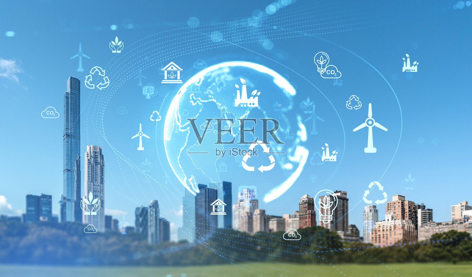 纽约市中央公园上空的曼哈顿天际线与生态科技图标。照片摄影图片