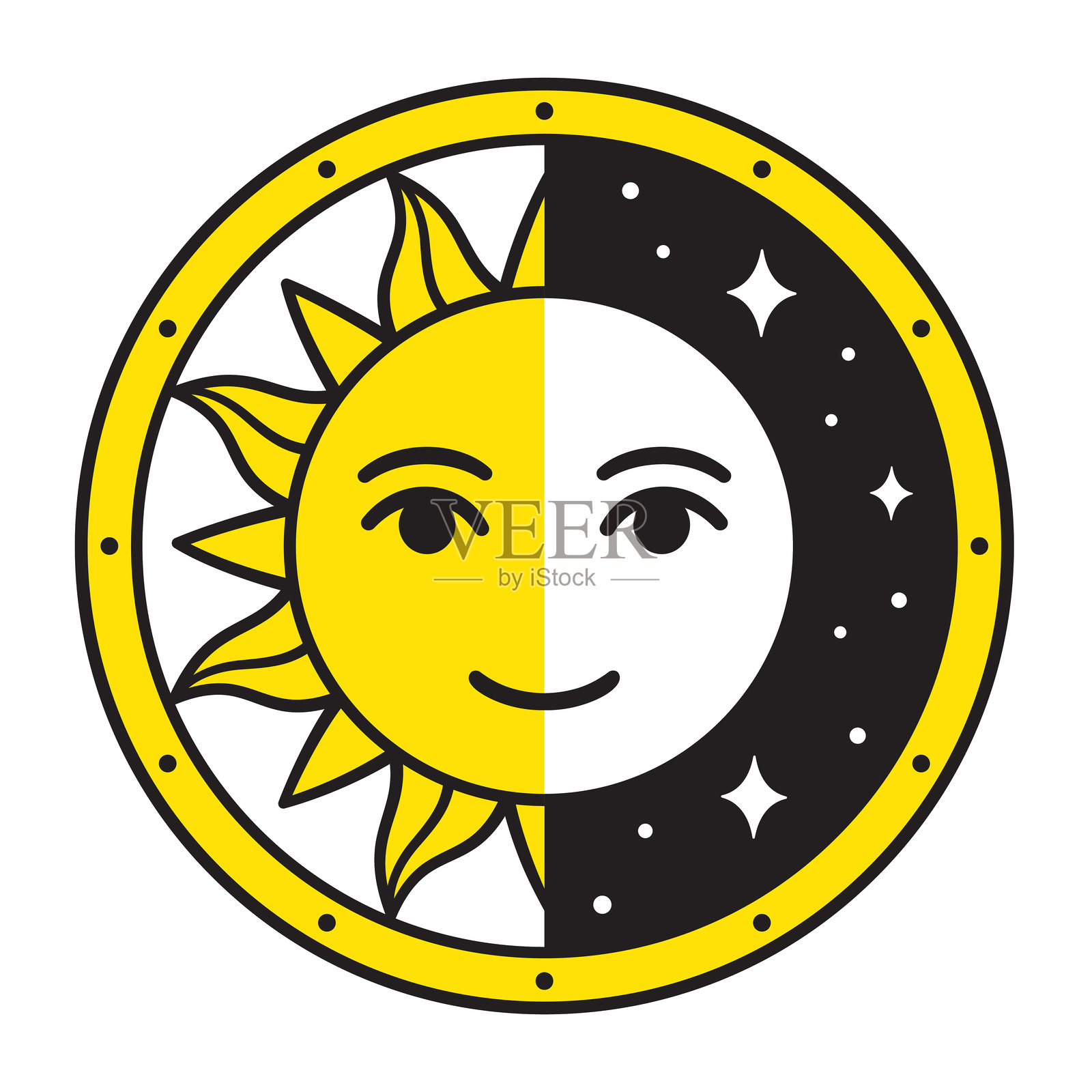 风格化的半太阳半月亮面孔插画图片素材