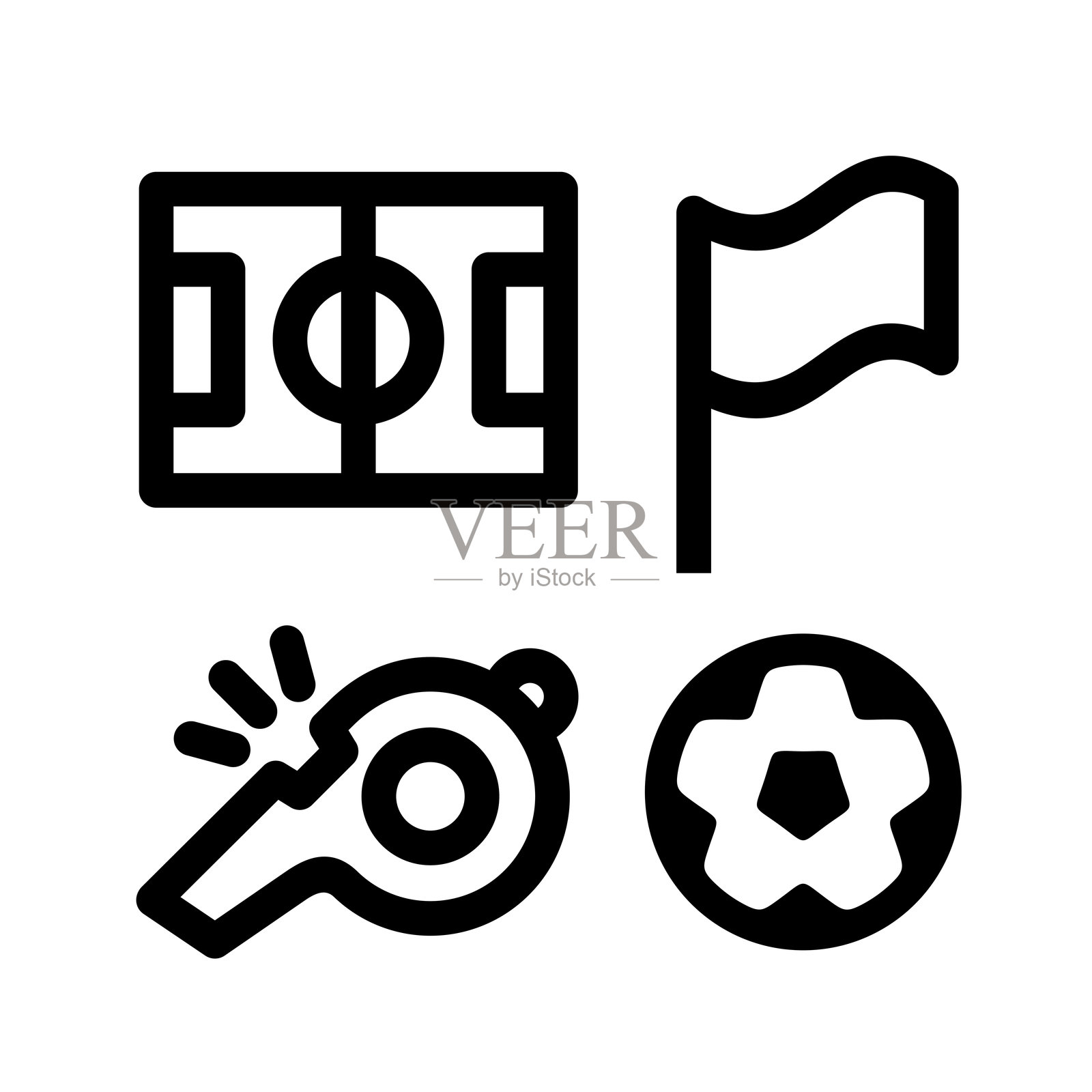 足球场、足球和带旗哨子的图标集合。足球比赛的属性。插画图片素材