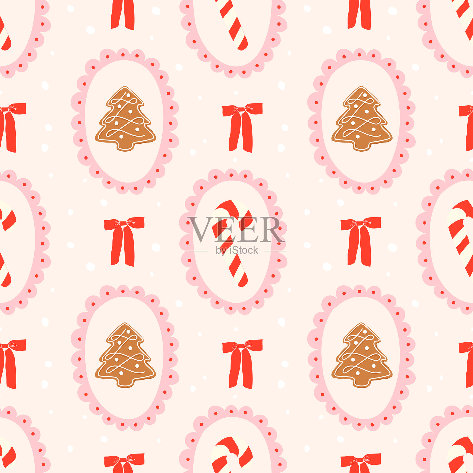 可爱的圣诞无缝图案,包含手绘的奇幻边框、糖果手杖、圣诞树形状的姜饼饼干和蝴蝶结。适用于印刷、面料、壁纸或包装纸的圣诞背景。插画图片素材