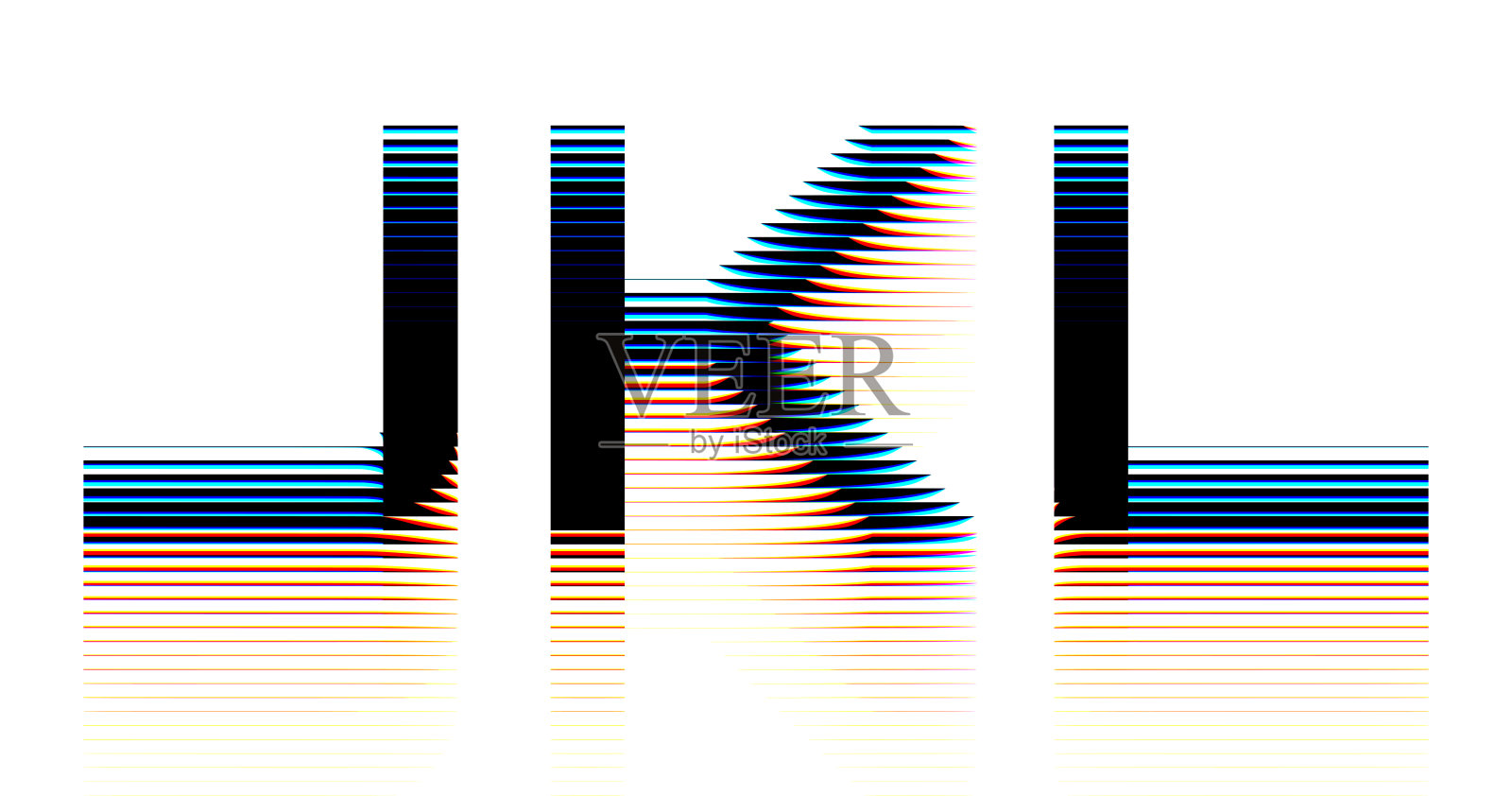 未来派字母,带有波纹玻璃效果和生动的棱镜色差效果。几何大胆的排版通过水平肋条在透明分形玻璃中扭曲。矢量图。插画图片素材