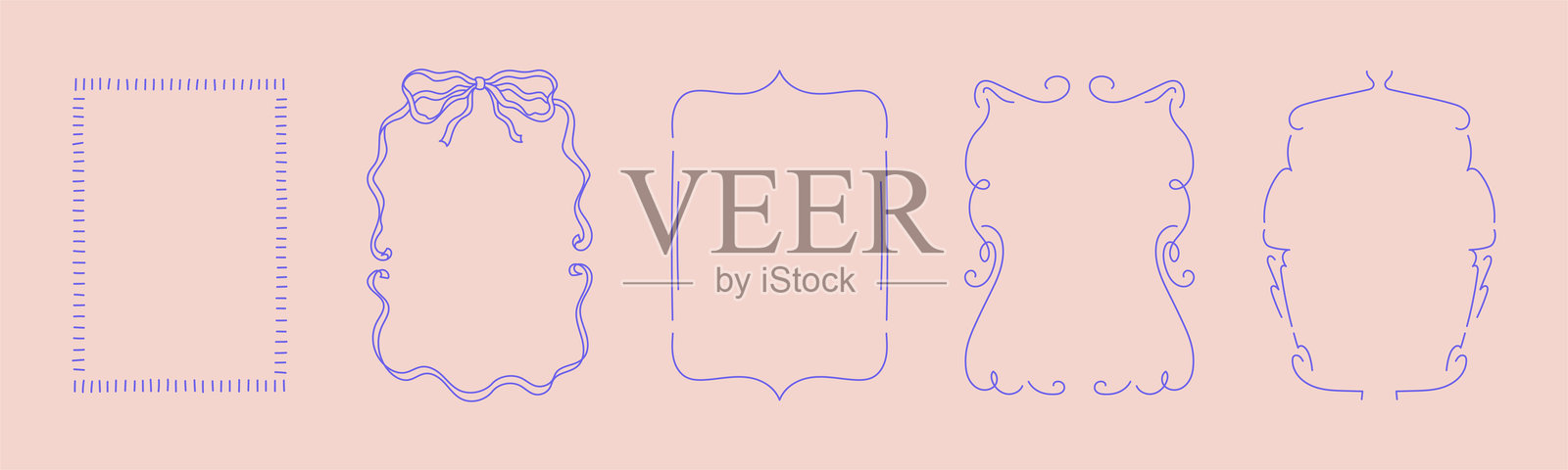 手绘时尚波浪线框架的涂鸦集合,配有蝴蝶结和丝带。适用于生日、圣诞节和婚礼邀请的极简线条艺术。插画图片素材