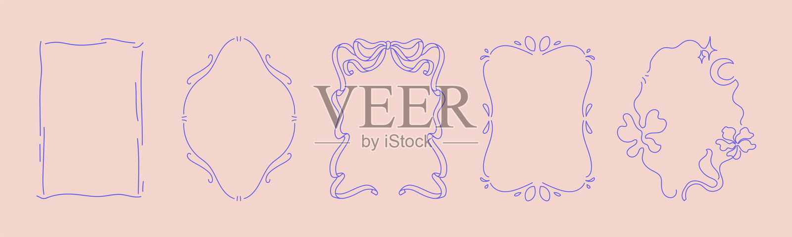 一组手绘的时尚涂鸦框架,带有波浪线、蝴蝶结和丝带。适用于生日、圣诞节和婚礼邀请的极简线条艺术。插画图片素材