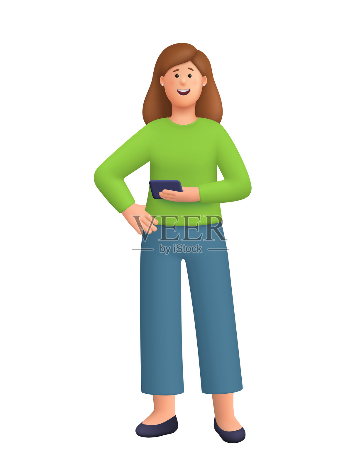 年轻微笑的女性凯特站着,手持智能手机。科技、社交媒体、数字营销和在线沟通的概念。3D矢量人物角色。卡通简约风格。插画图片素材