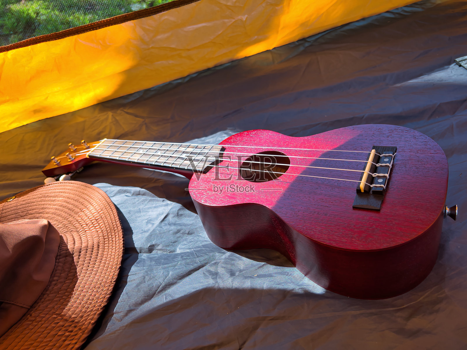 初夏时节,在公园里进行一次清新可爱的尤克里里野餐照片摄影图片