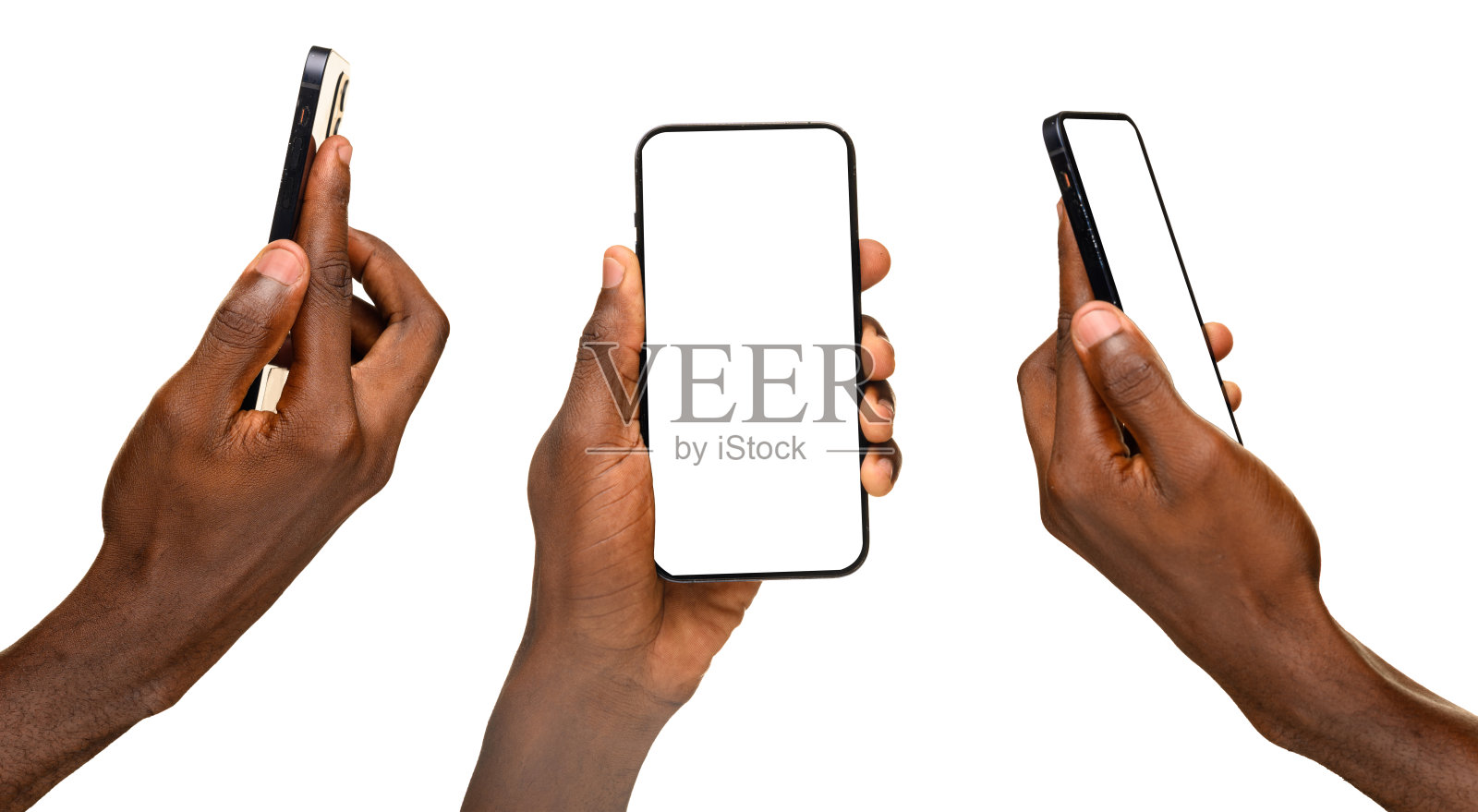 白底上手持空白屏幕智能手机的黑人男性双手照片摄影图片