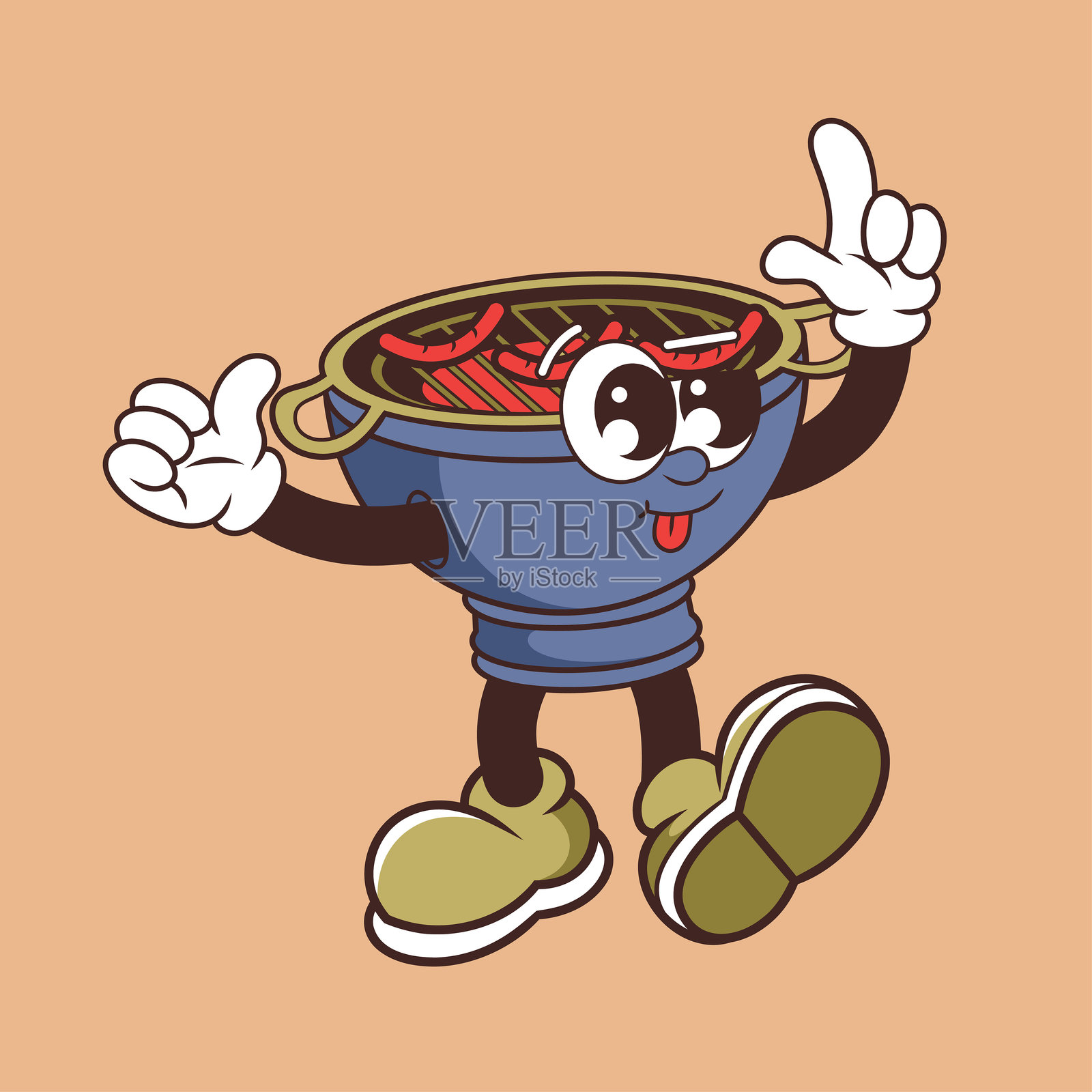 复古风格的可爱烧烤架角色设计插画图片素材