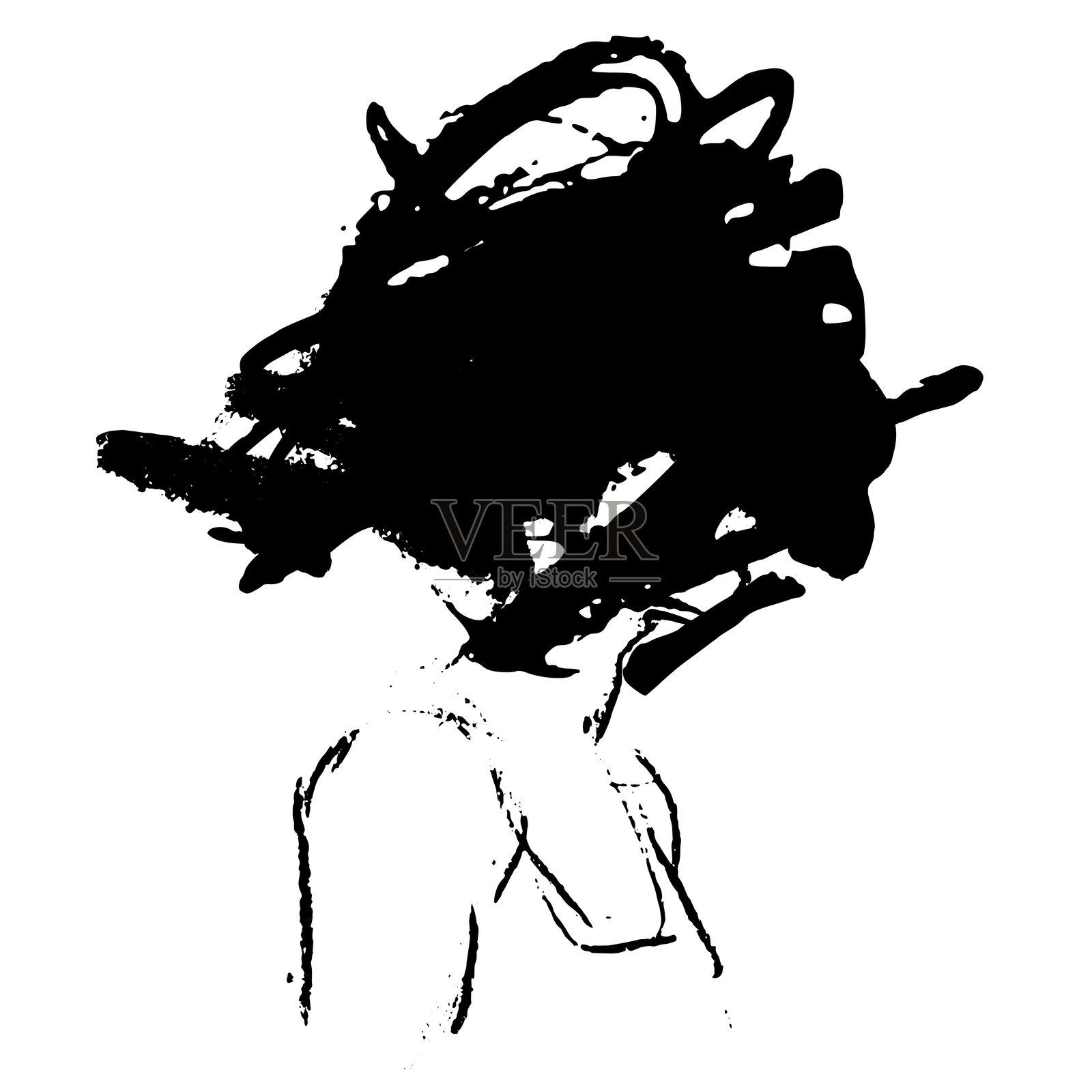 情感丰富的炭笔素描,描绘了一位眼睛被黑色污点遮住的痛苦女性插画图片素材