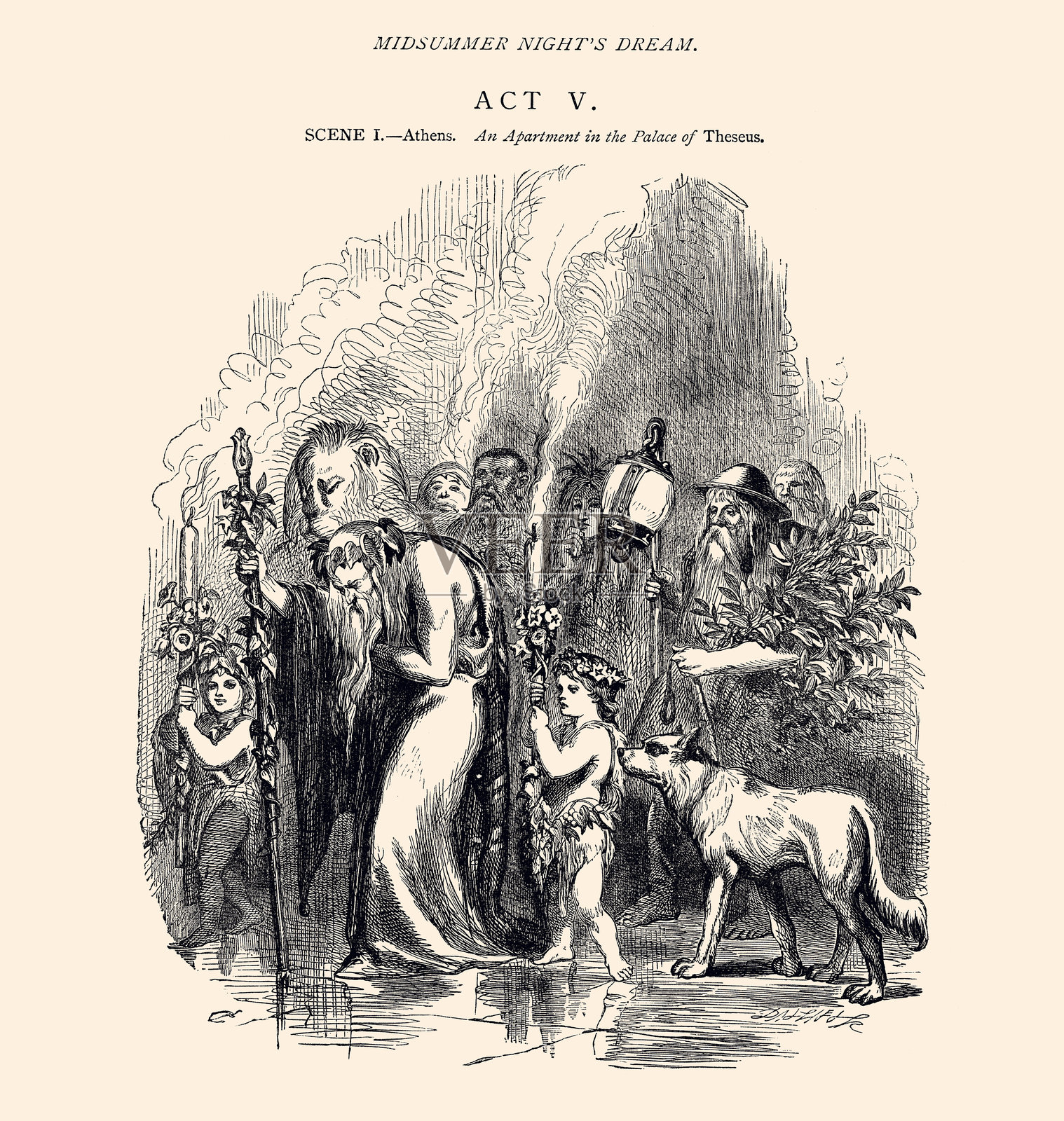 威廉·莎士比亚的剧作:这幅雕刻描绘了威廉·莎士比亚的《仲夏夜之梦》第五幕第一场的场景,背景设定在雅典忒修斯宫殿的公寓中。插画图片素材