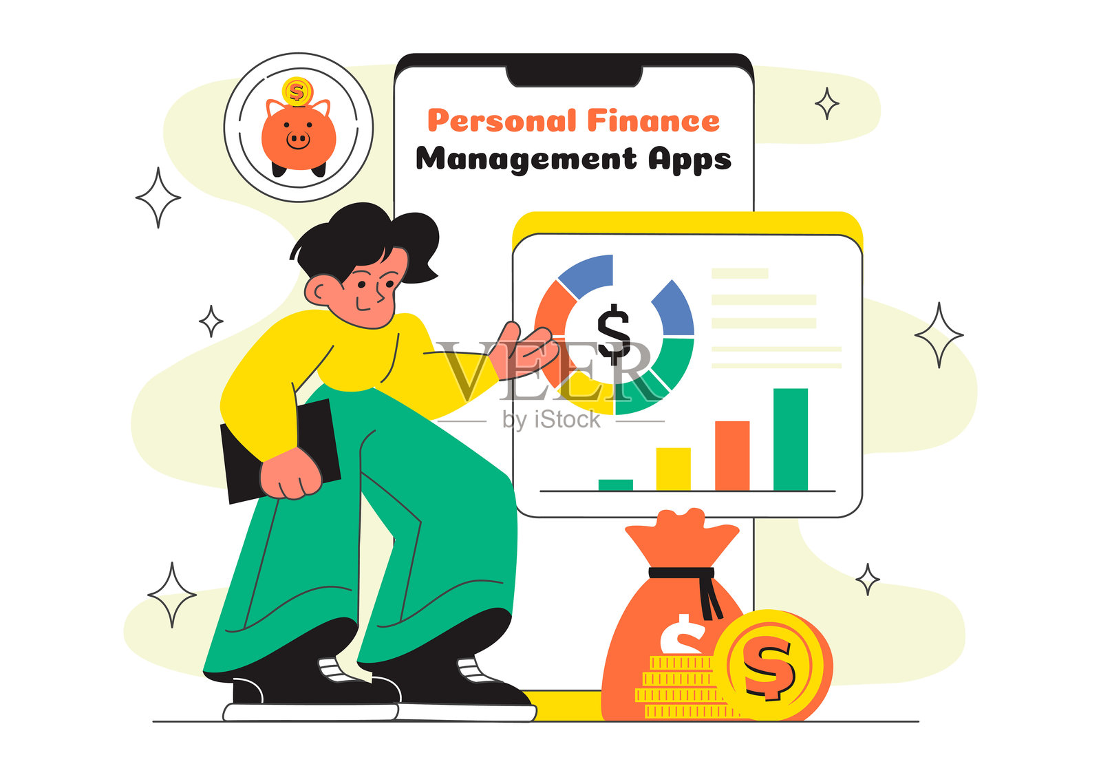 个人理财应用插画,展示用于收入、支出控制、预算规划和成本优化的财务规划应用插画图片素材