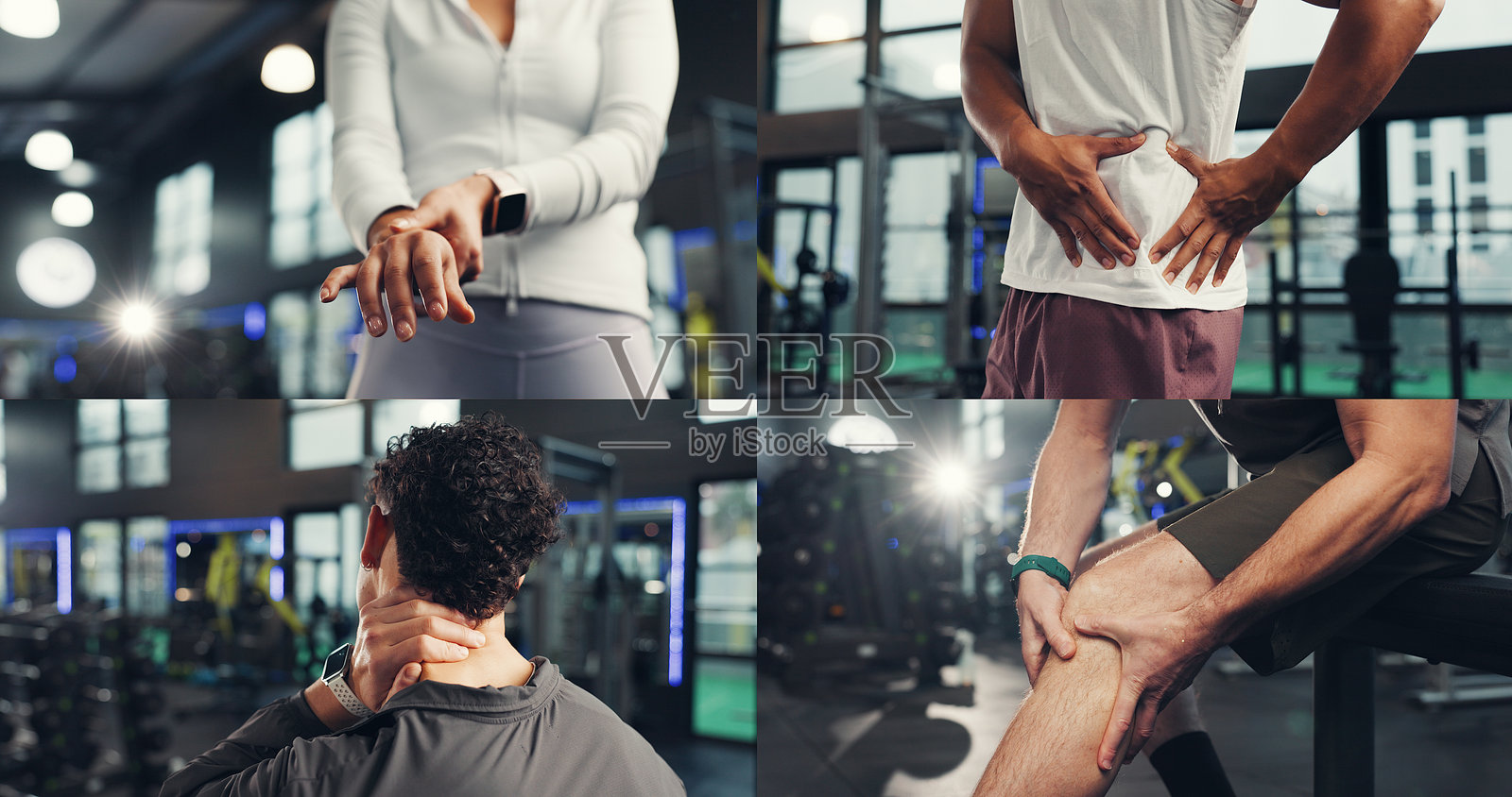 拼贴画,健身房中的伤病与疼痛人群,运动错误或意外导致纤维肌痛或肌肉紧张。蒙太奇,运动员的神经损伤或炎症以及健身中心里的敏感关节。照片摄影图片