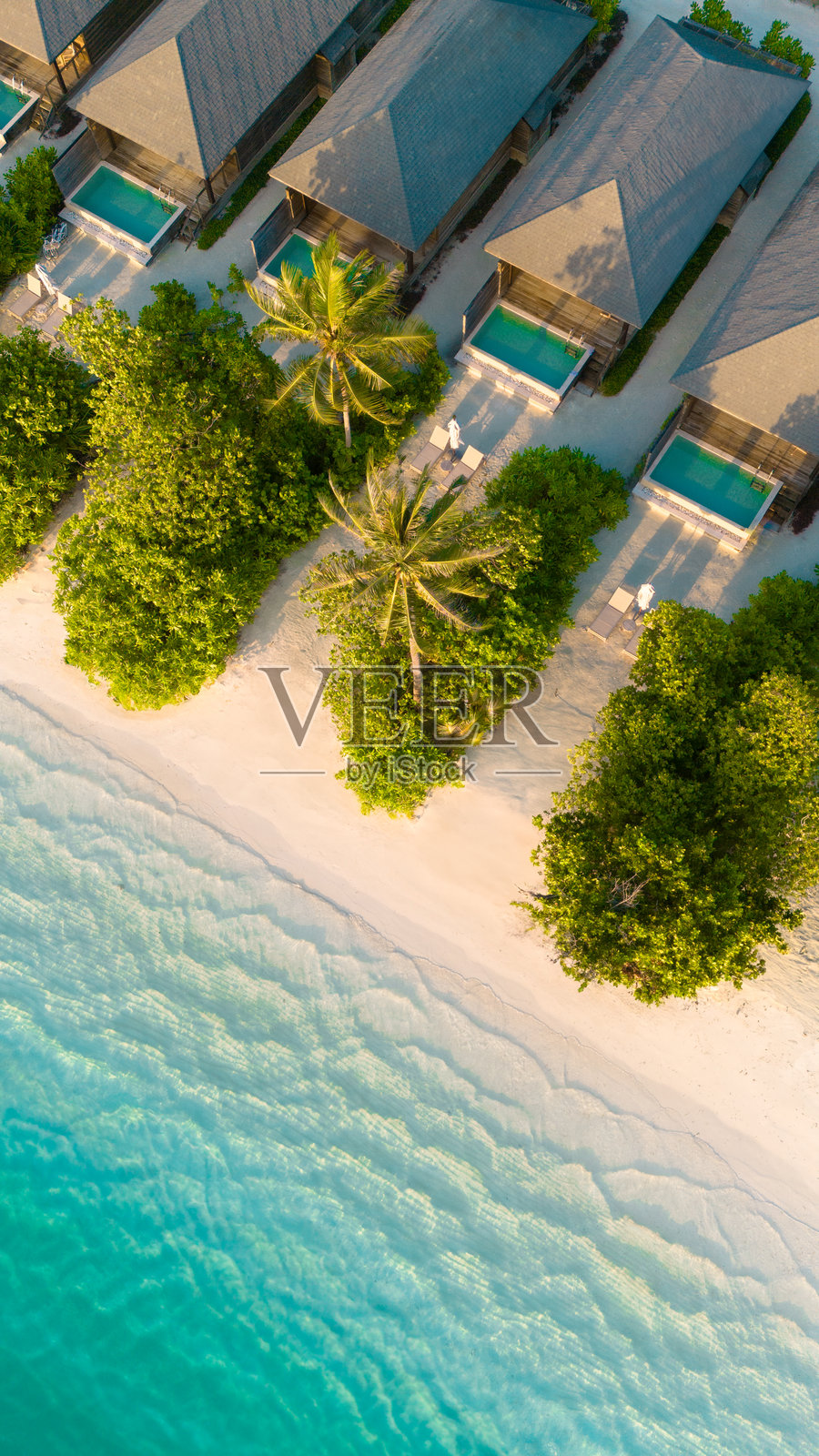 无人机视角下的马尔代夫豪华度假村,拥有棕榈树和海洋别墅。照片摄影图片