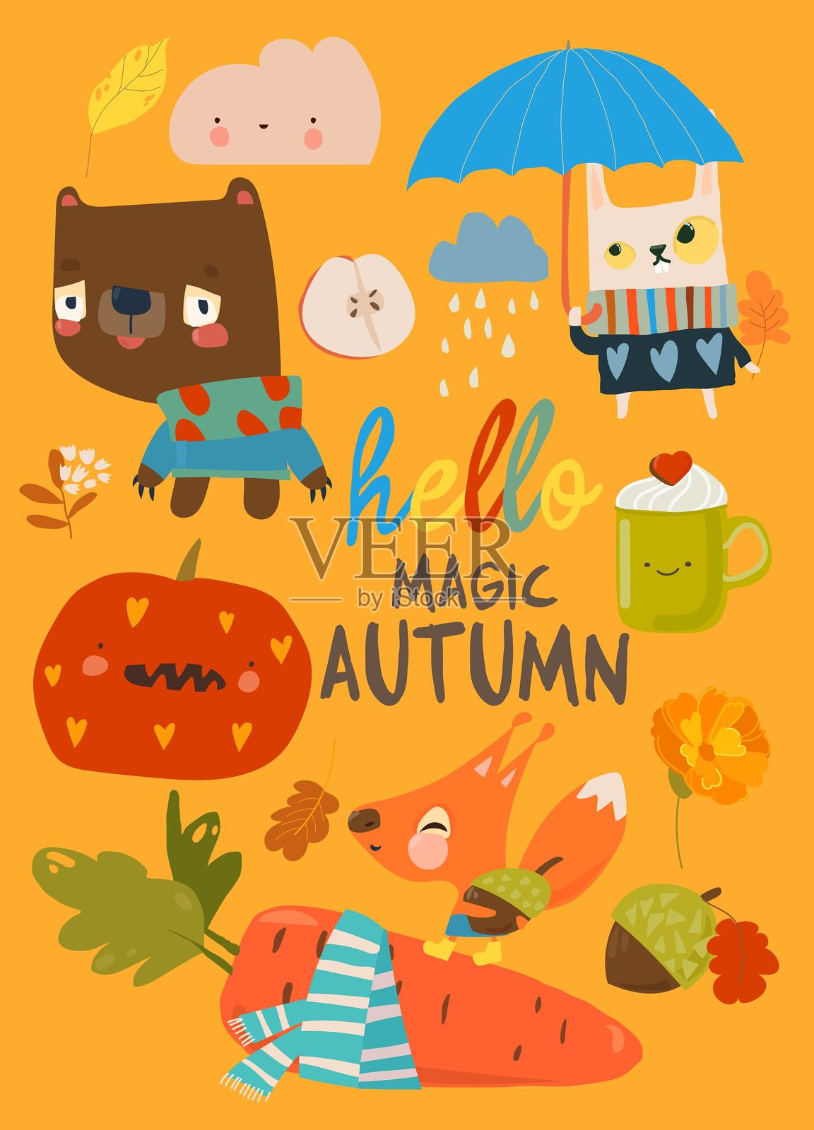 卡通集,包含有趣的动物和秋季元素插画图片素材