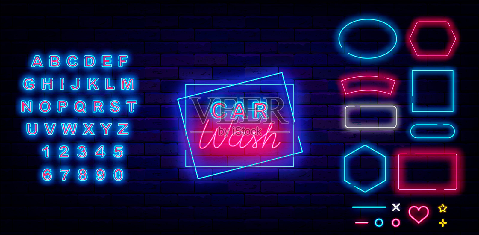 汽车清洗霓虹灯标签。汽车清洁服务。砖墙上的发光标志。矢量图 stock illustration插画图片素材