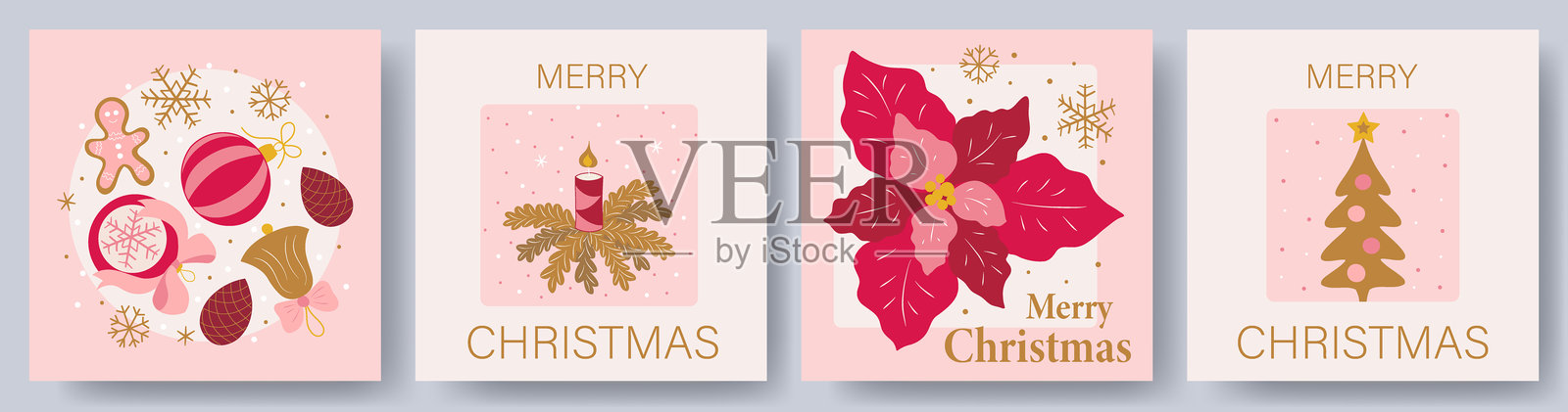 圣诞快乐贺卡套装。包含字体设计和圣诞元素的圣诞设计。适用于季节性横幅、海报、封面的潮流手绘插画。插画图片素材