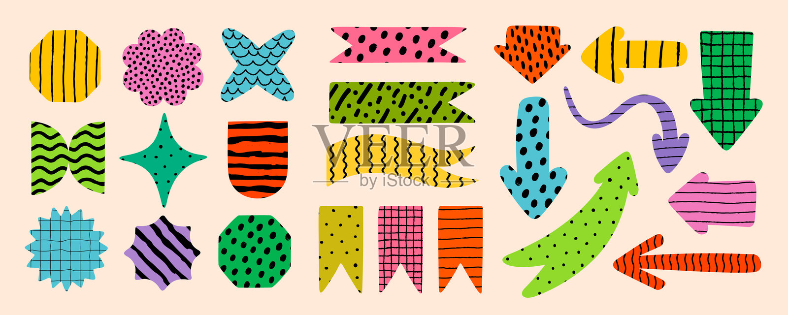 矢量元素,包括彩色的箭头、旗帜和抽象图形,带有手绘纹理和粗犷图案,非常适合用作贴纸、便签、备忘录、平面设计和创意项目。插画图片素材