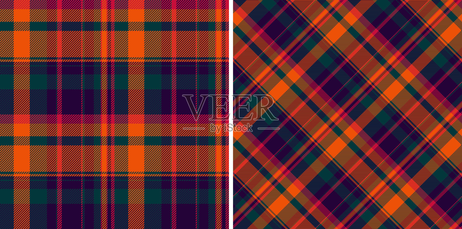 两种无缝格纹图案。鲜艳的色彩带来优雅的纺织感。用于背景、服装、设计。节日气氛,温暖。插画图片素材