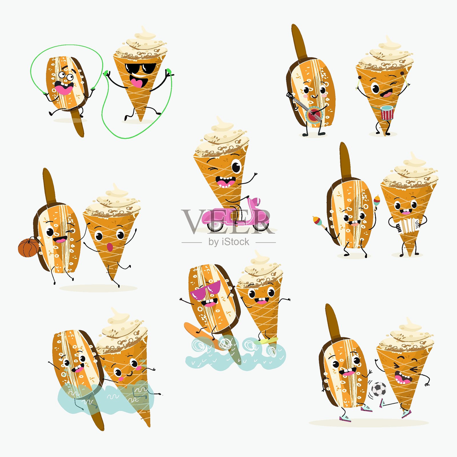 美味的冰淇淋、甜筒和冰棒,有趣的卡通形象,手绘矢量插画。插画图片素材