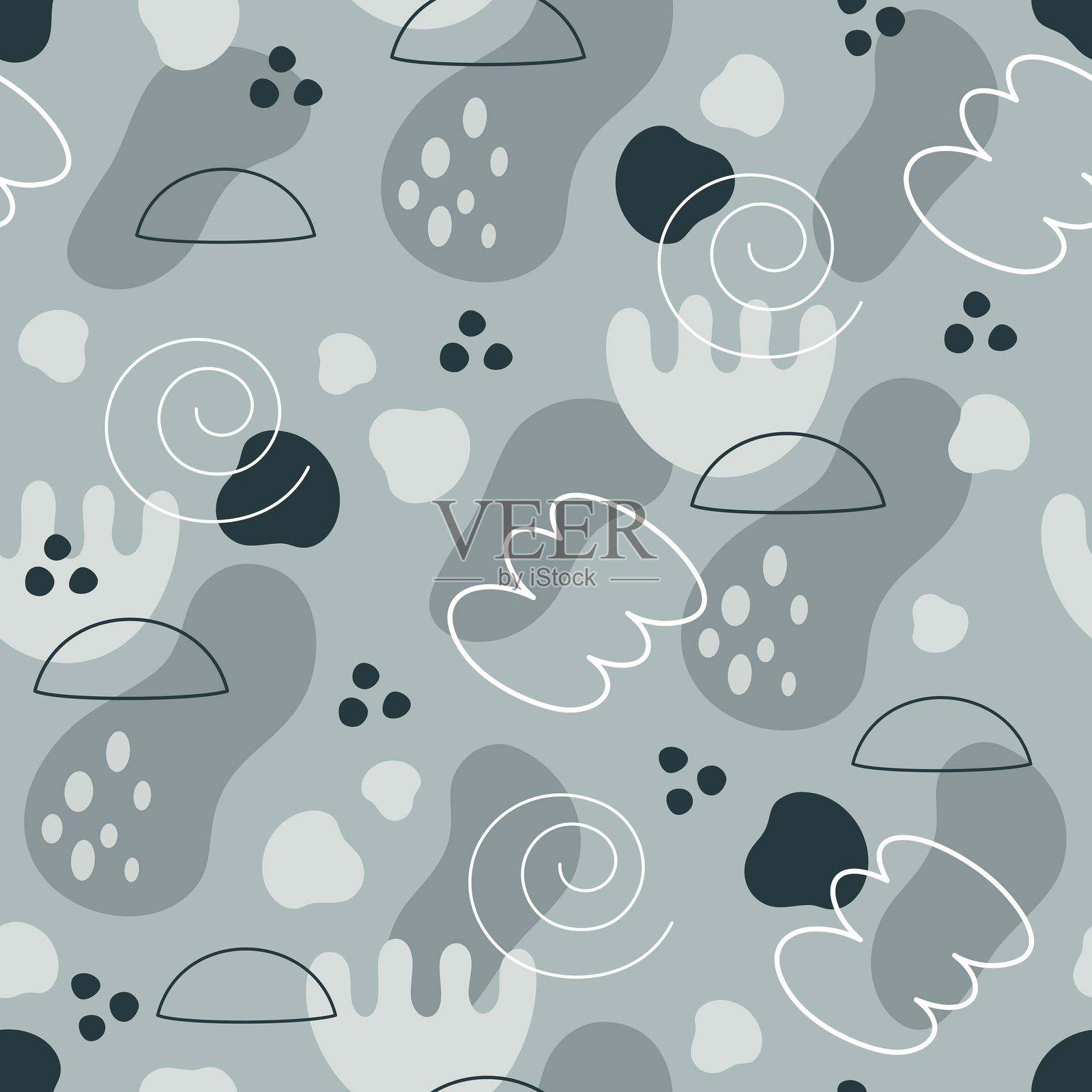 斯堪的纳维亚抽象无缝图案,柔和的有机形状、斑点和线条。极简现代背景。插画图片素材