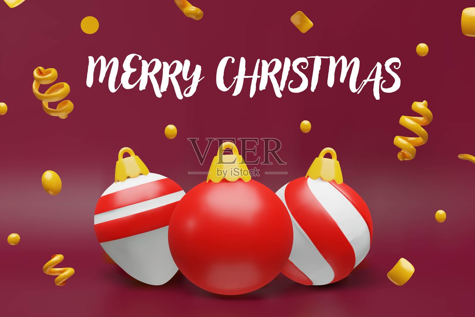 3D圣诞海报,红色三个球,彩带插画图片素材