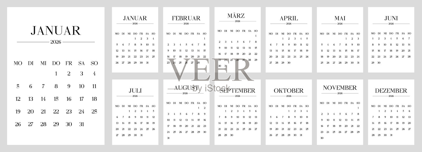 2026年极简主义德语日历模板,共12个月份垂直页面。德语排版,年度计划表。周一作为一周的开始。插画图片素材