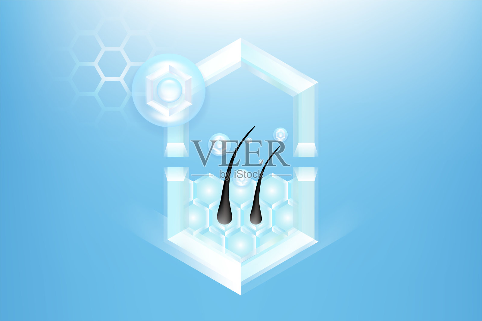 透明质酸和烟酰胺护发护肤精华广告,蓝色胶原蛋白精华滴入细胞,带有化妆品广告背景,矢量图,可供使用。插画图片素材