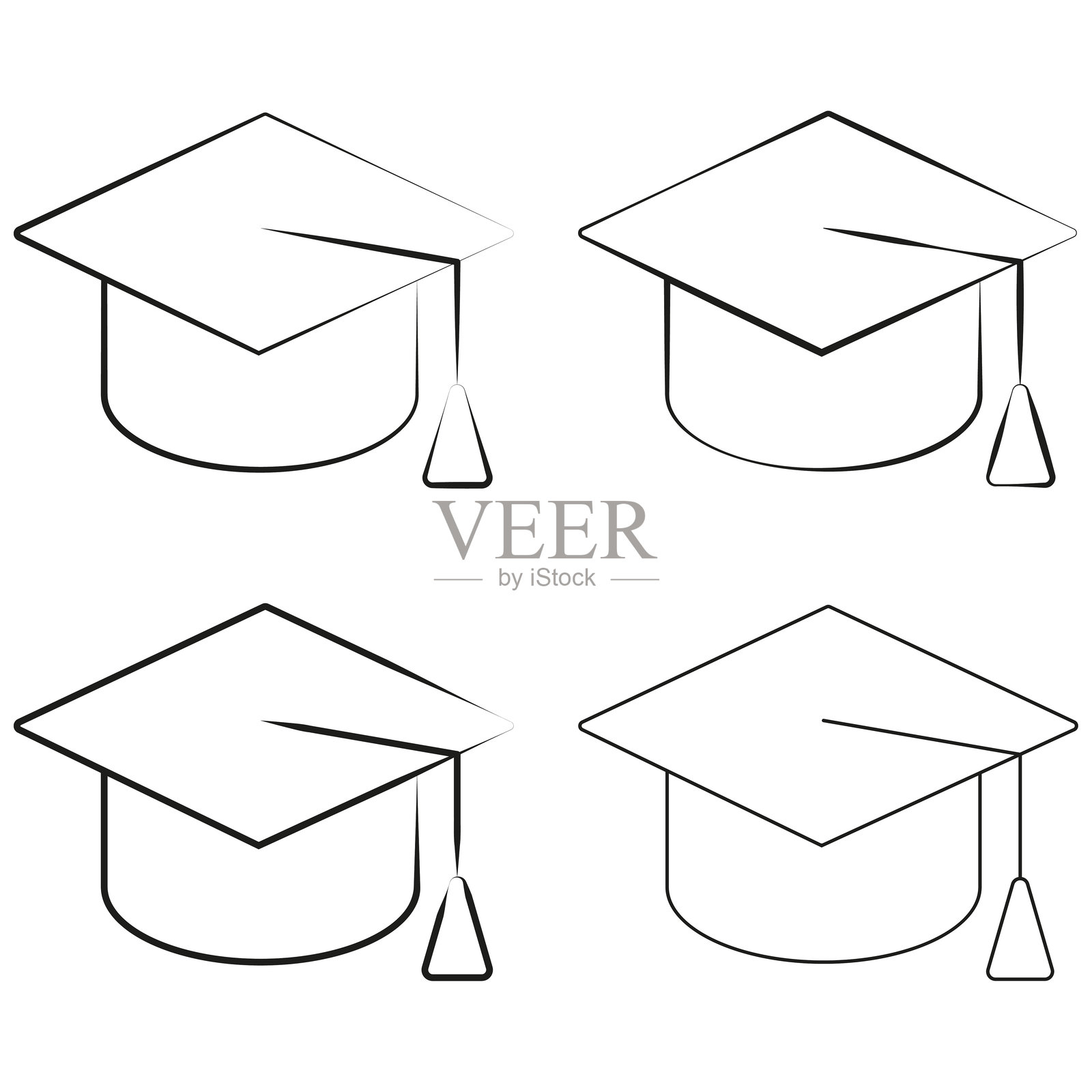 多种风格的四顶毕业帽,包括带流苏的传统方帽,非常适合教育主题、学术成就和庆祝概念。插画图片素材