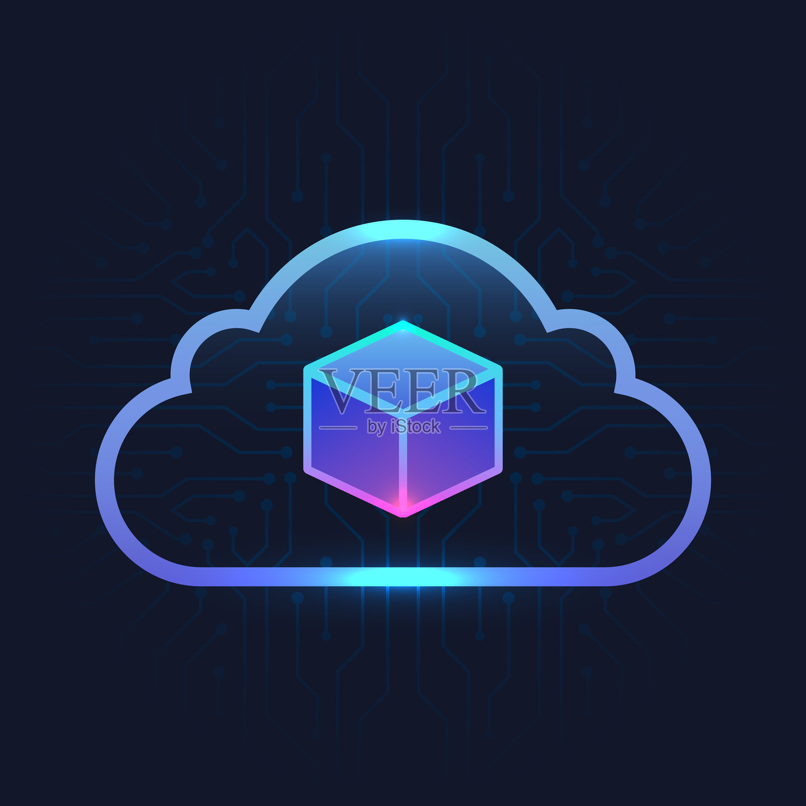 云数据技术数字存储,云图标内的发光立方体,配有未来感电路板背景,代表安全连接、创新和现代虚拟计算设计。插画图片素材