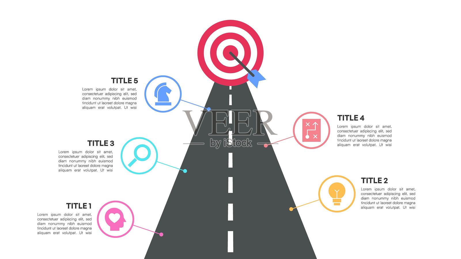 信息图展示了通往成功的道路,包含目标和业务时间线步骤图标插画图片素材