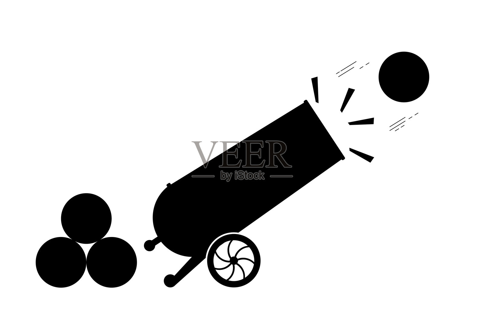 金属大炮和炮弹,黑色图标,在白色背景上孤立,适用于您的网页和移动应用程序设计。大炮发射炸弹,标志概念。插画图片素材