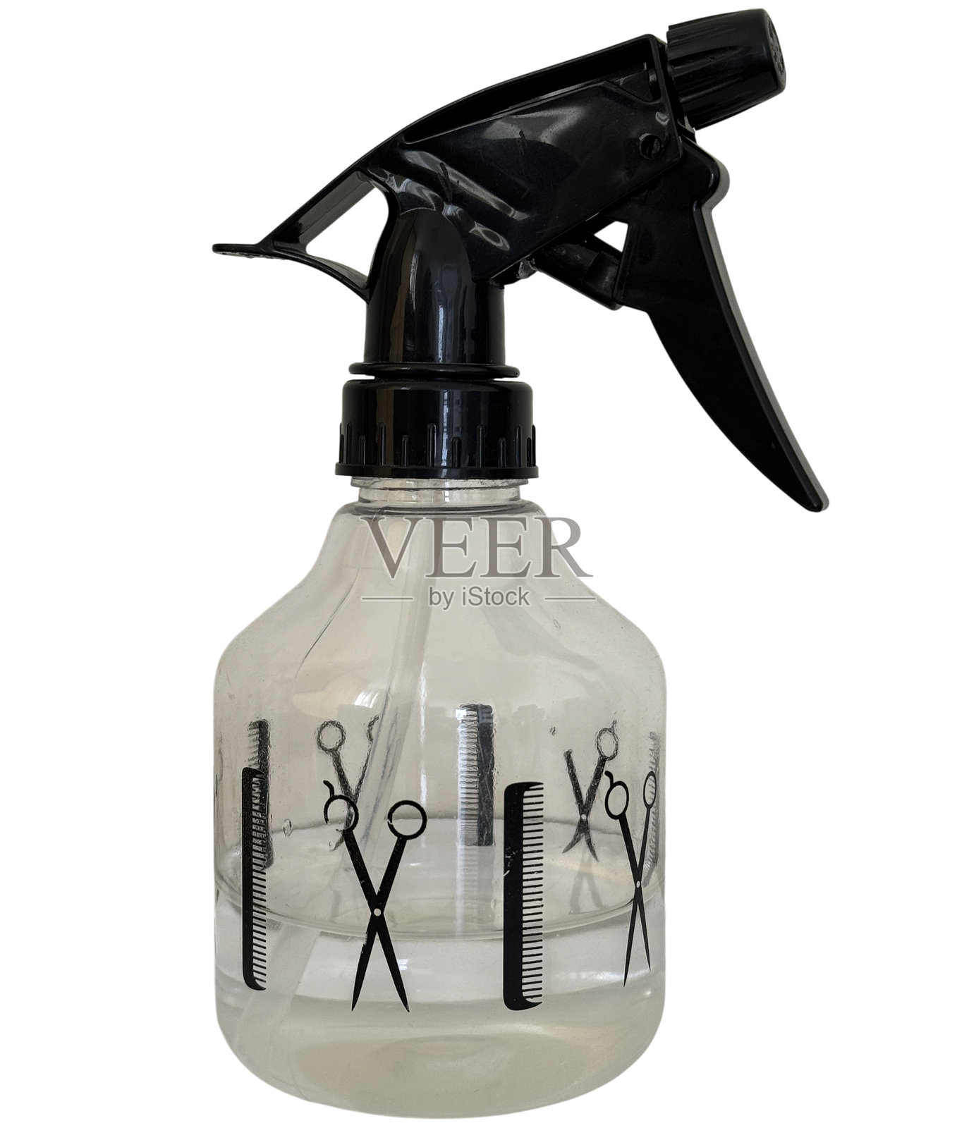 带黑色喷嘴的透明塑料喷雾瓶,孤立在白色背景上照片摄影图片