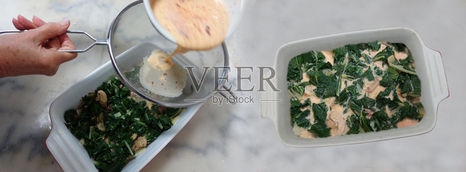 Swiss chard and button mushroom omelet preparation. Swiss chard flan baked in the oven. French gourmet cuisine.照片摄影图片