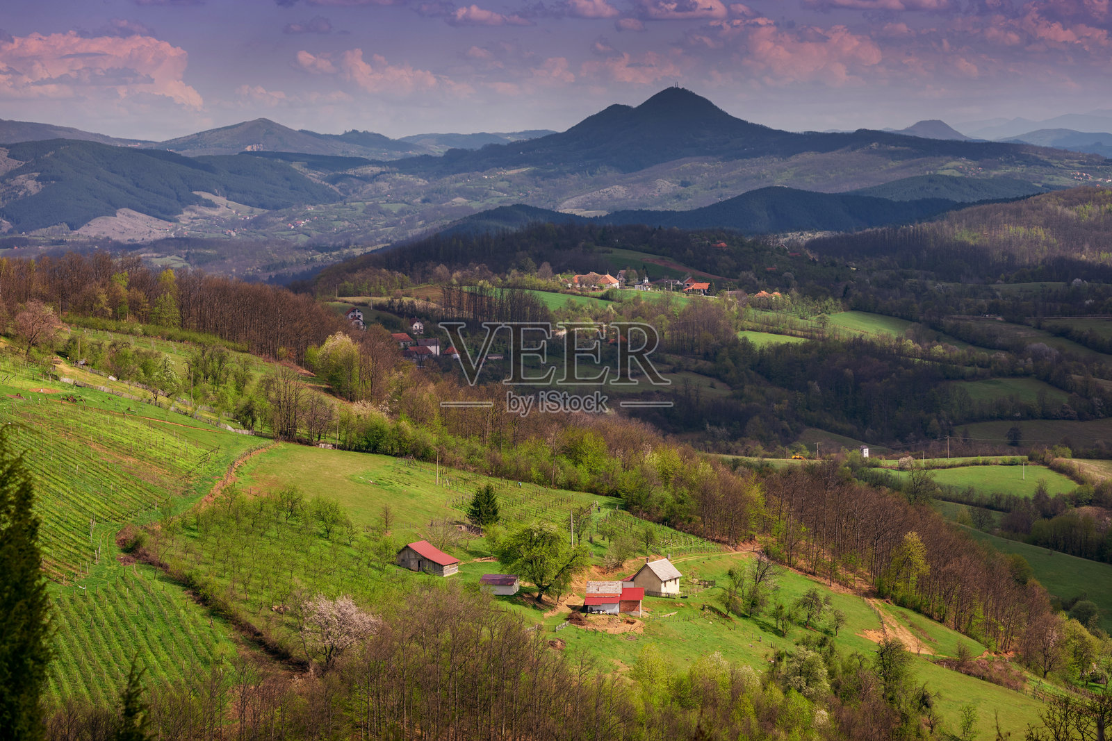 塞尔维亚的山脉、风景如画的村庄和郁郁葱葱的山丘和山谷沐浴在温暖的阳光下。照片摄影图片