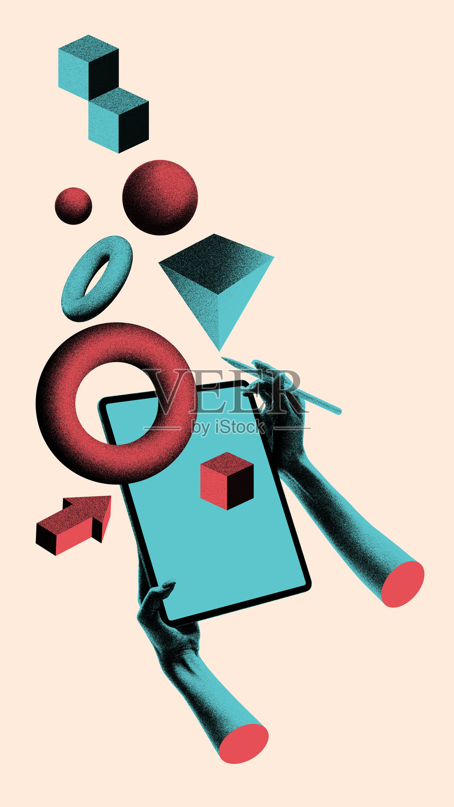 超现实拼贴艺术。手在平板电脑上绘制几何图形照片摄影图片