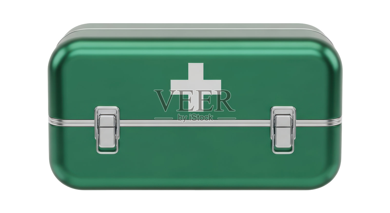 孤立的绿色金属急救箱,带有药十字标志的医疗箱,象征着医药和安全。照片摄影图片